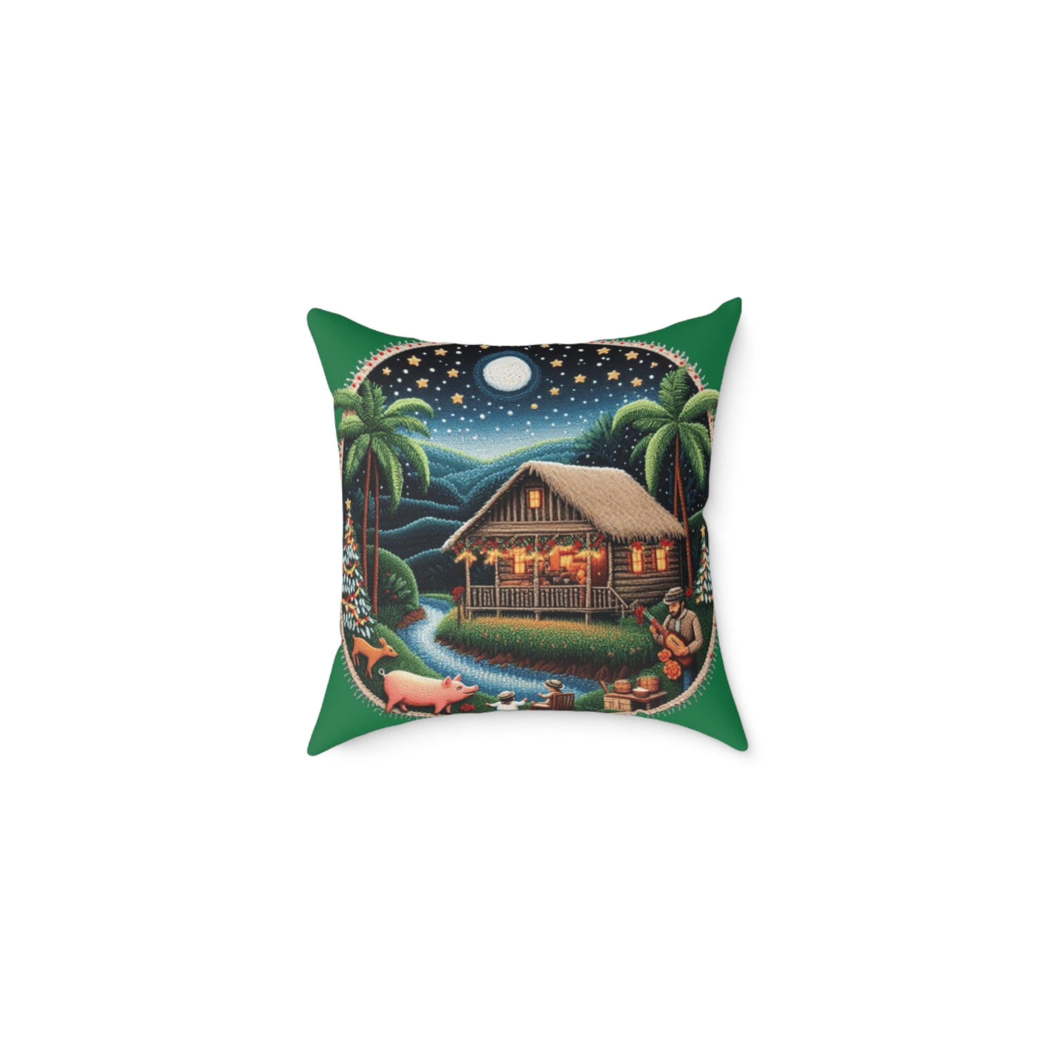 Island Night Cottage Pillow  Tropical Moonlit Cabin Throw Pillow Puerto Rico Culture Pillow