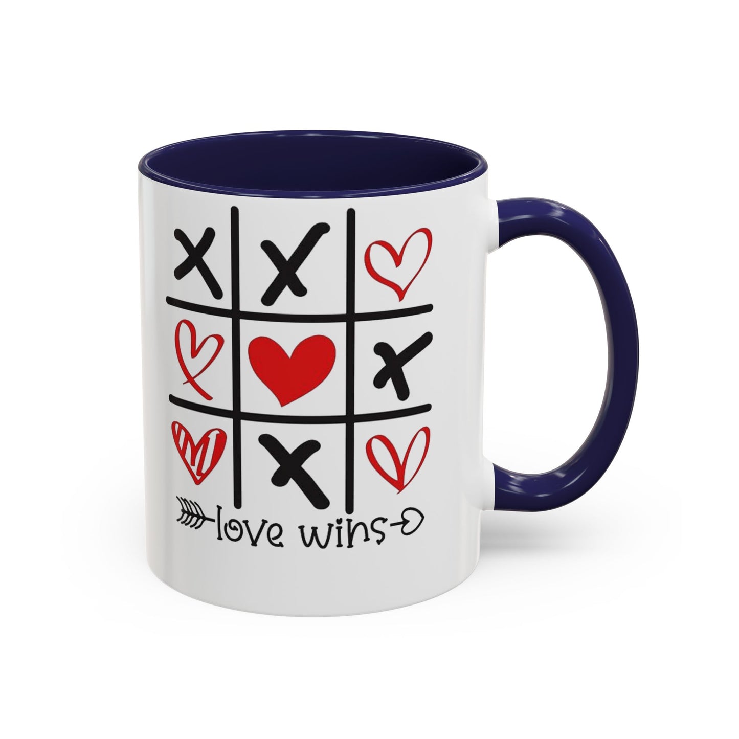 Love Wins Tic-Tac-Toe Heart Accent Coffee Mug — Romantic Valentine 11/15oz
