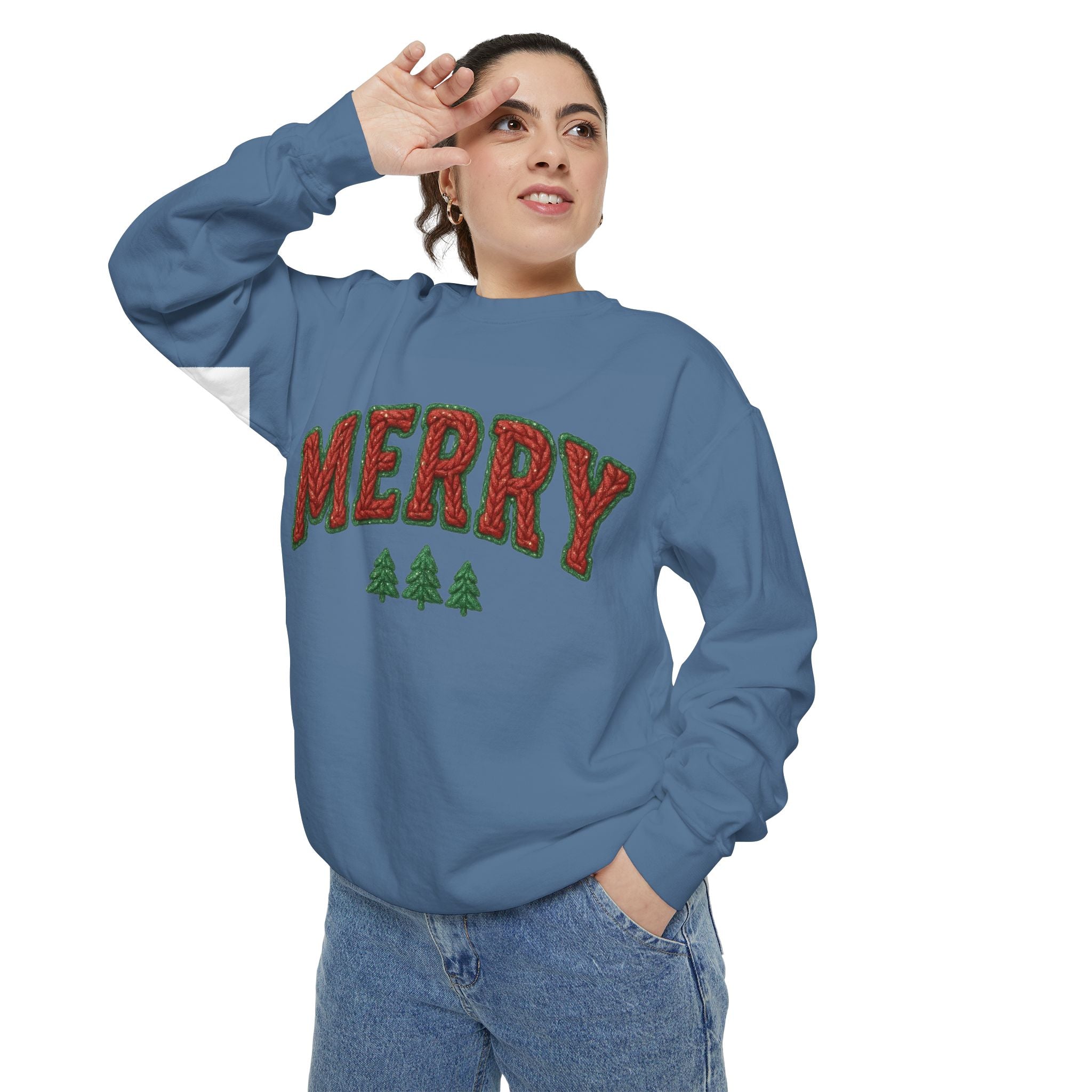 Merry Holiday Sweatshirt — Cozy Christmas Pullover with Tree Graphics Festive Holiday Designs