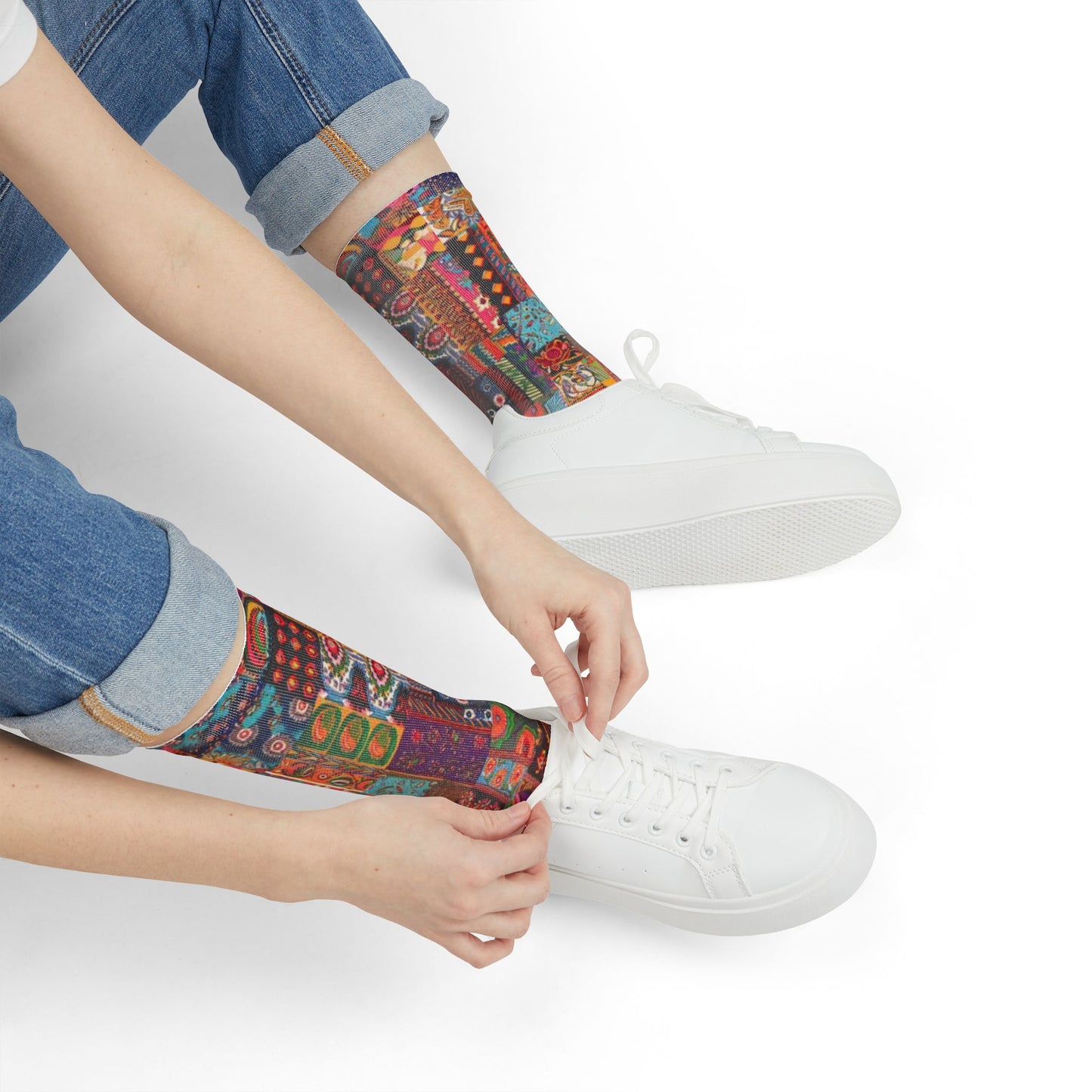 Colorful Patchwork Crew Socks Vibrant Boho Sublimation Design