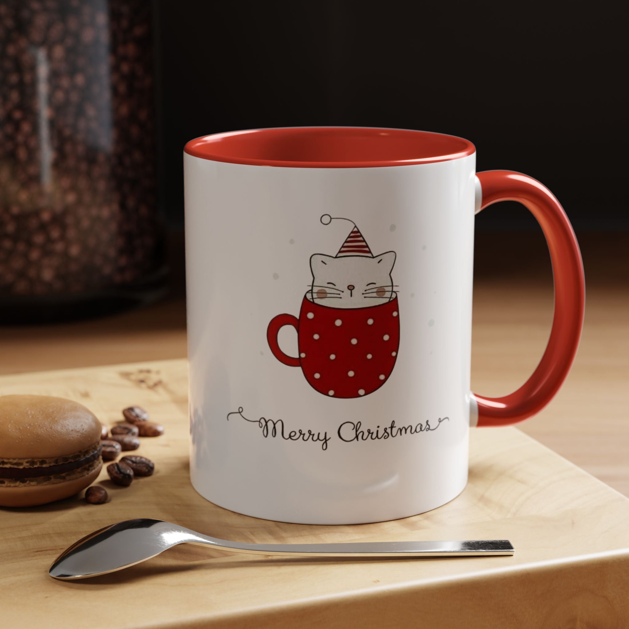 Christmas Cat Accent Mug "Merry Christmas" Polka Dot Holiday Coffee Cup Christmas Mugs Collection!