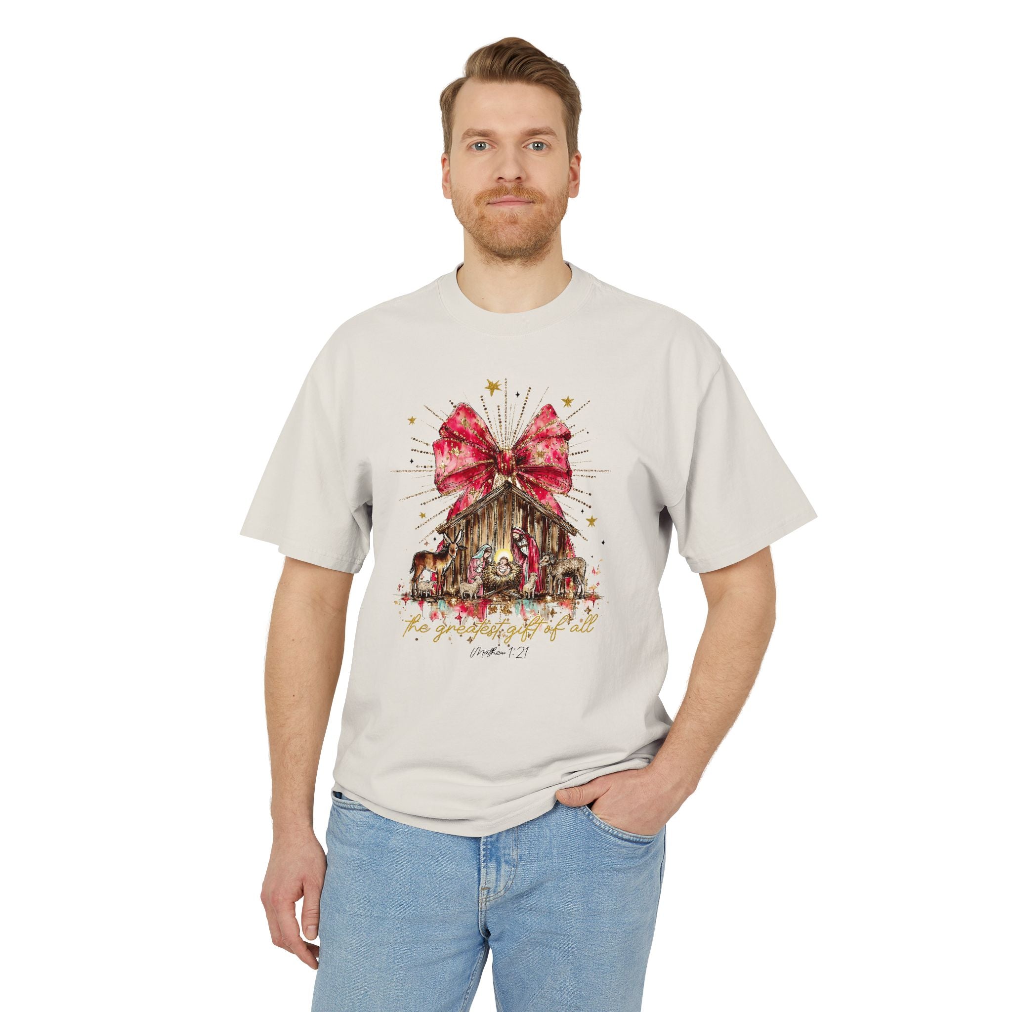Christmas Nativity Tee  Rustic Manger with Red Bow Holiday T‑Shirt Christmas T-shirts and sweaters