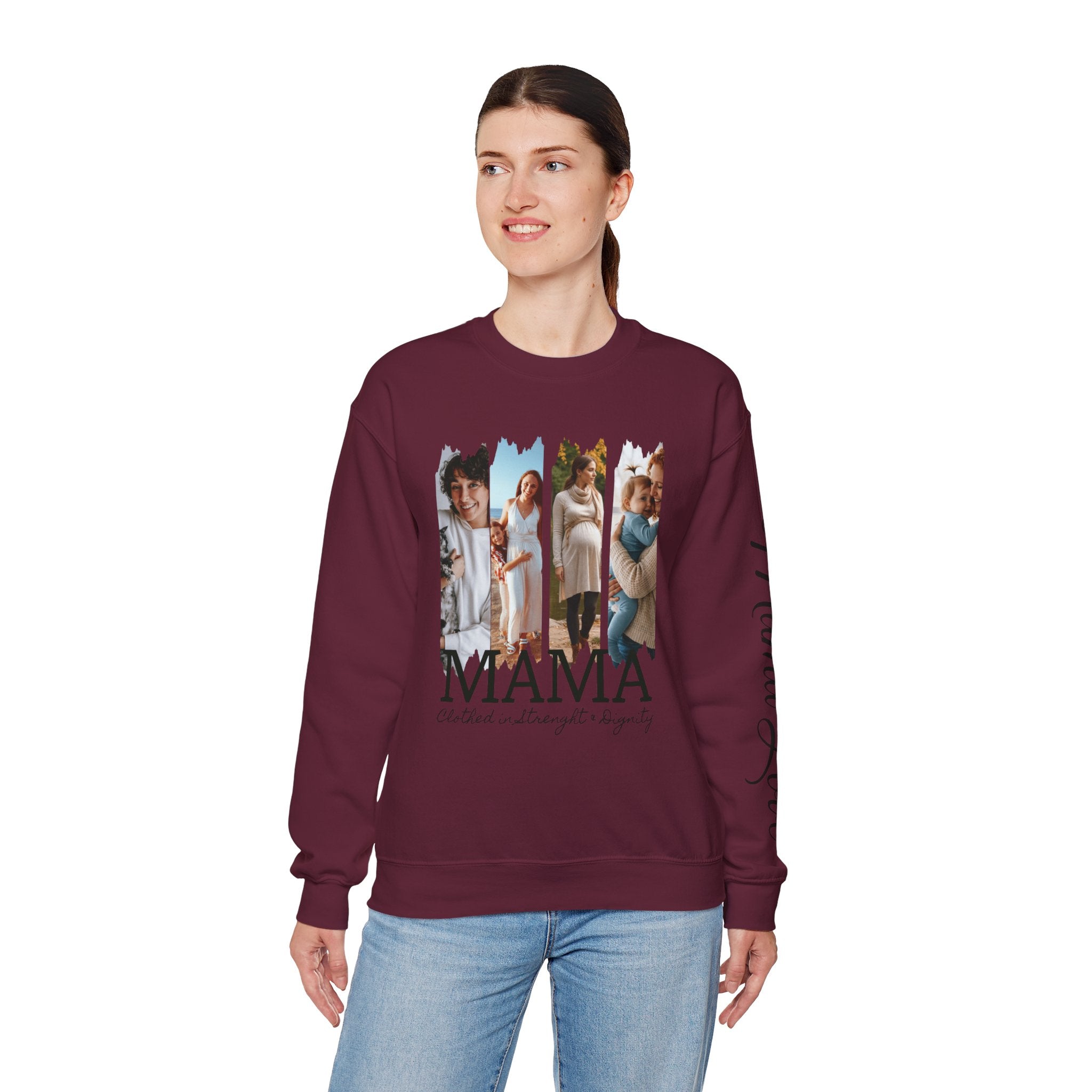 Mama Photo Collage Sweatshirt — "MAMA: clothed in strength & dignity" Sleeve Script