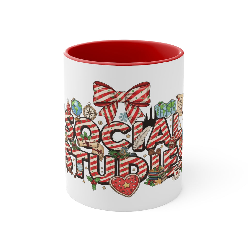 Social Studies Teacher Christmas Mug, Festive Candy-Stripe Holiday Coffee Cup School Staff Christmas Mug Collection,