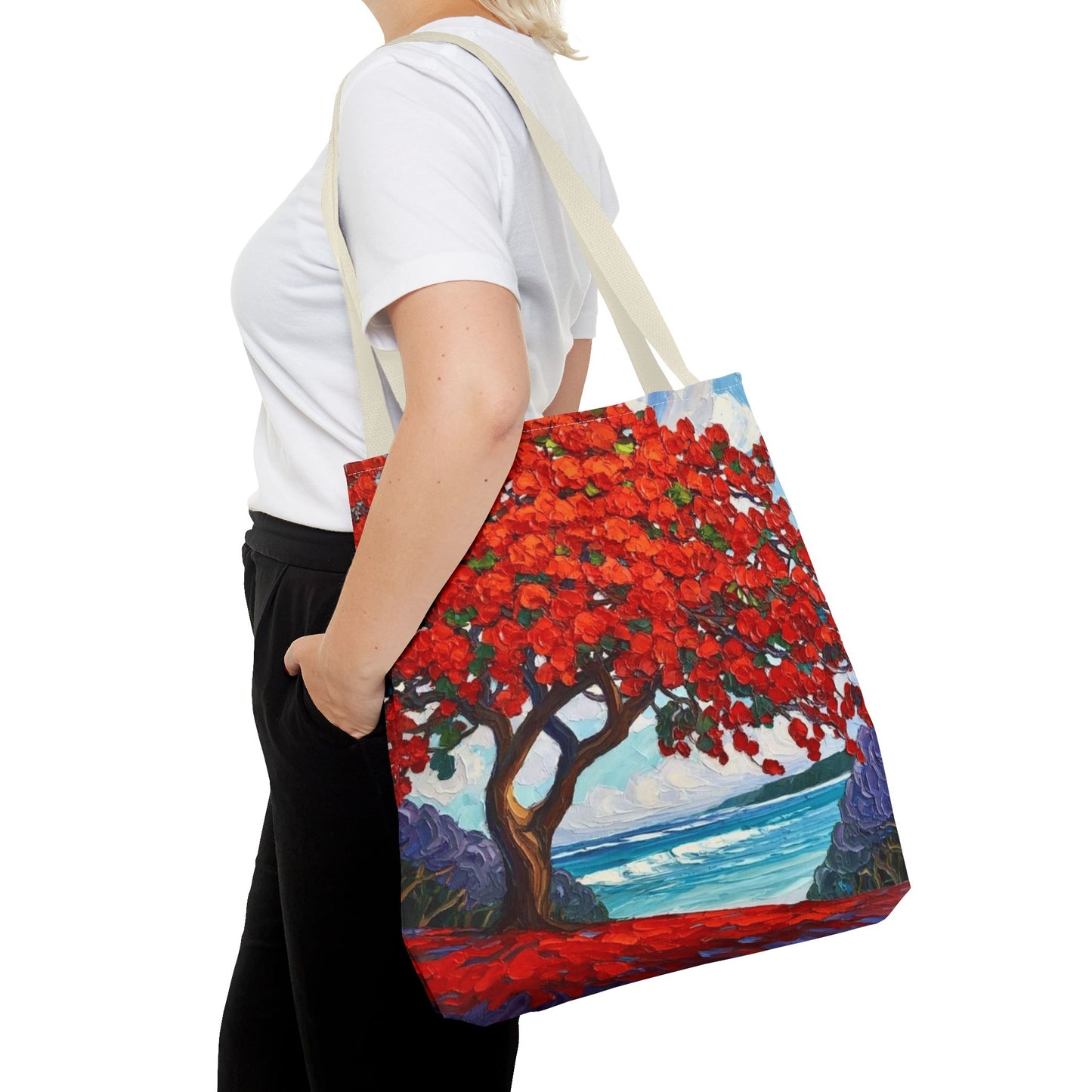 Red Blossom Beach Tote - Tropical Tree Art All-Over Print Tote Bag Crochet-Decorated Tote Bags