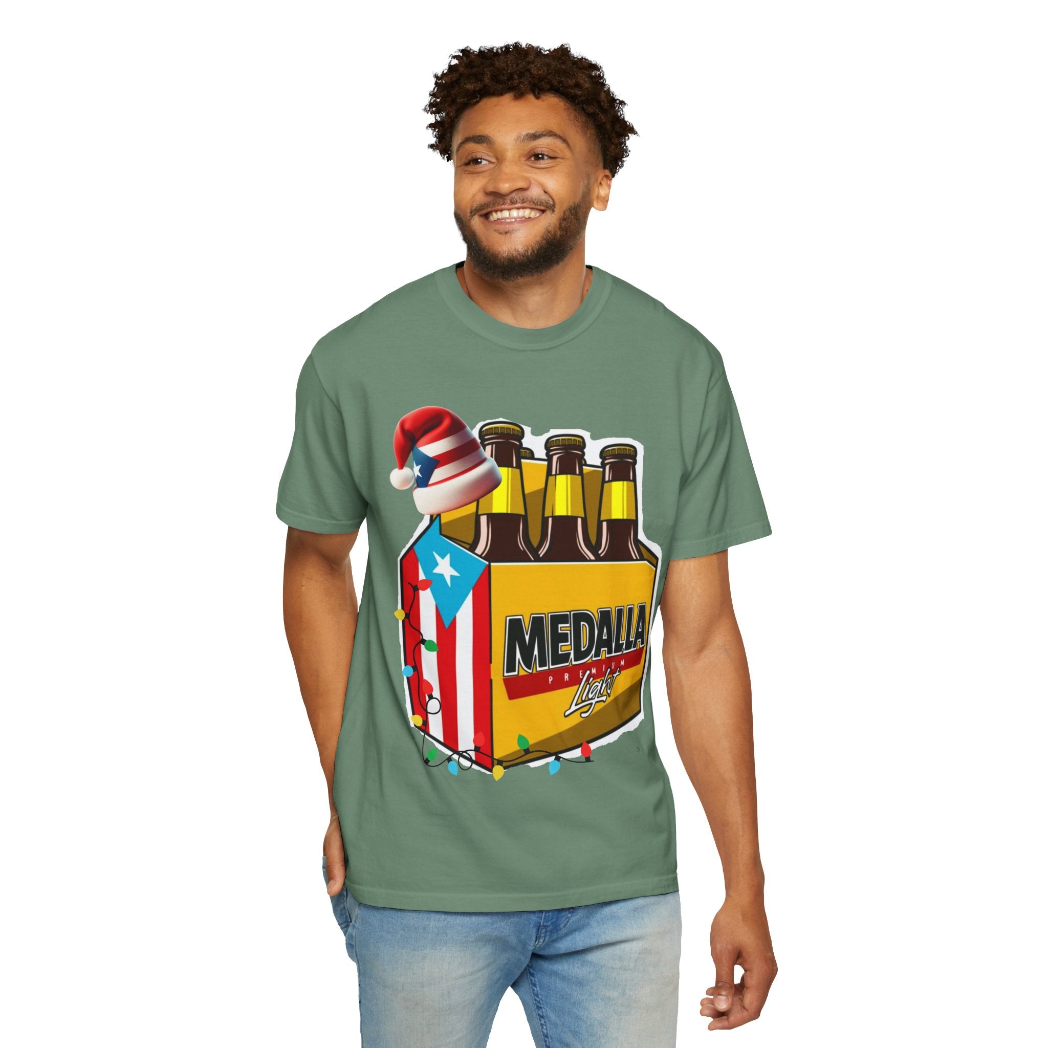 Medalla Light Beer T-Shirt  Navidad Boricua Holiday Tee Puerto Rico’s Navidades