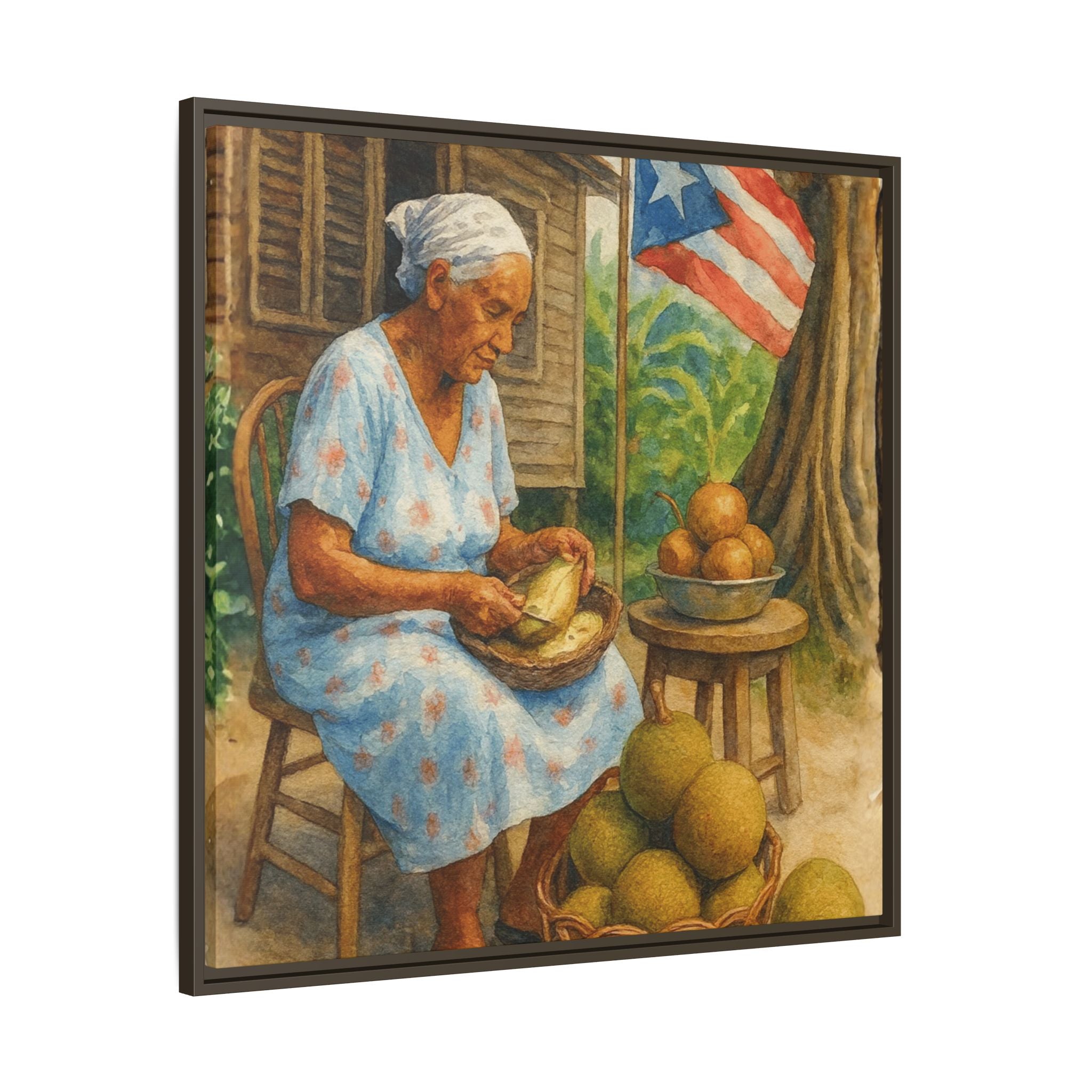Cultural & Story-Driven These Puerto Rico inspired  Framed Matte Canvas Print  Woman Shelling Fruit Vintage Tropical Painting
