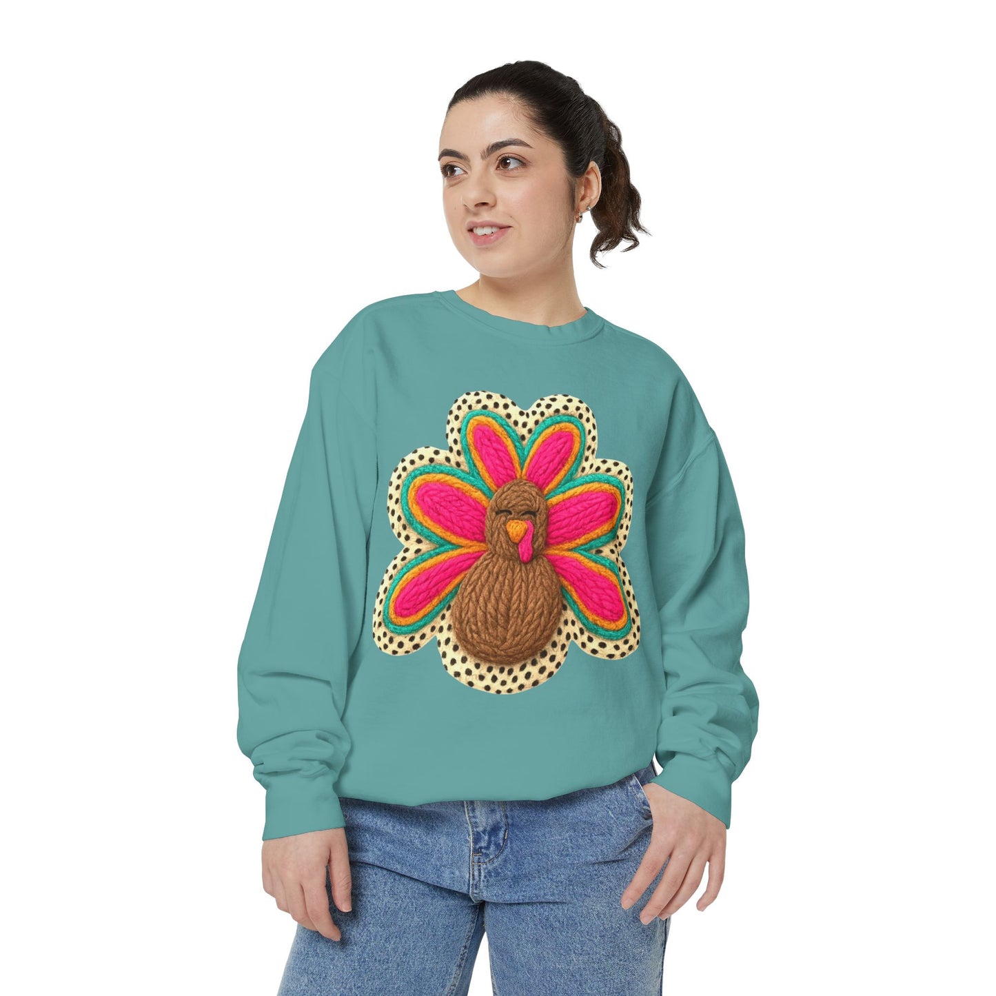 Festive Holiday Designs Turkey Patch Sweatshirt — Colorful Embroidered Thanksgiving Pullover
