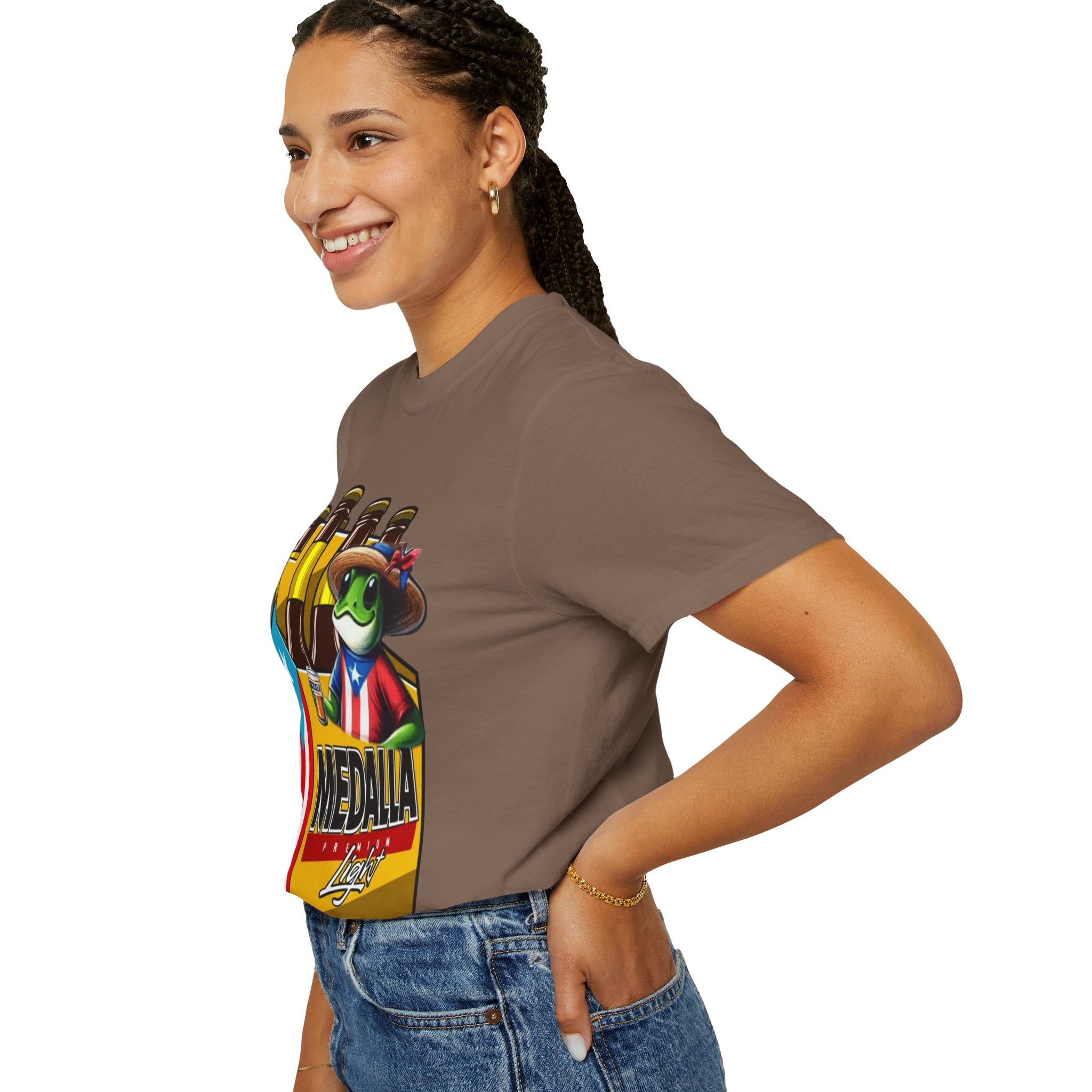 Medalla Light Puerto Rican Beer T-Shirt Coqui Frog Mascot Six-Pack Graphic Tee Puerto Rico’s Navidades