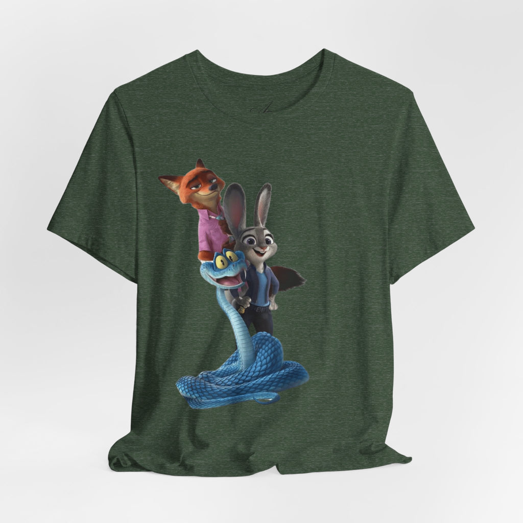 Animated Character Tee — Cute Fox & Bunny Stack Graphic T-Shirt  cartoon-style Christmas artwork