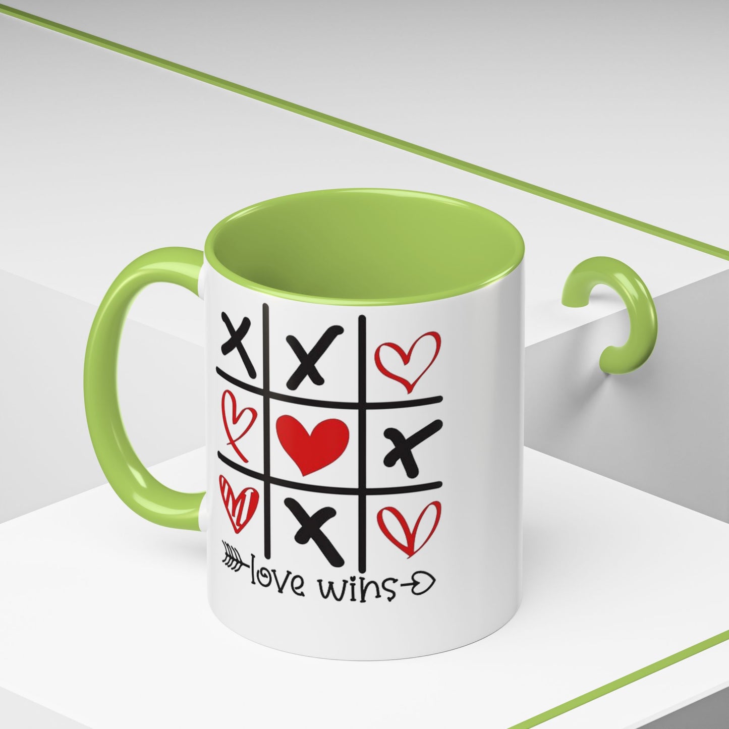Love Wins Tic-Tac-Toe Heart Accent Coffee Mug — Romantic Valentine 11/15oz