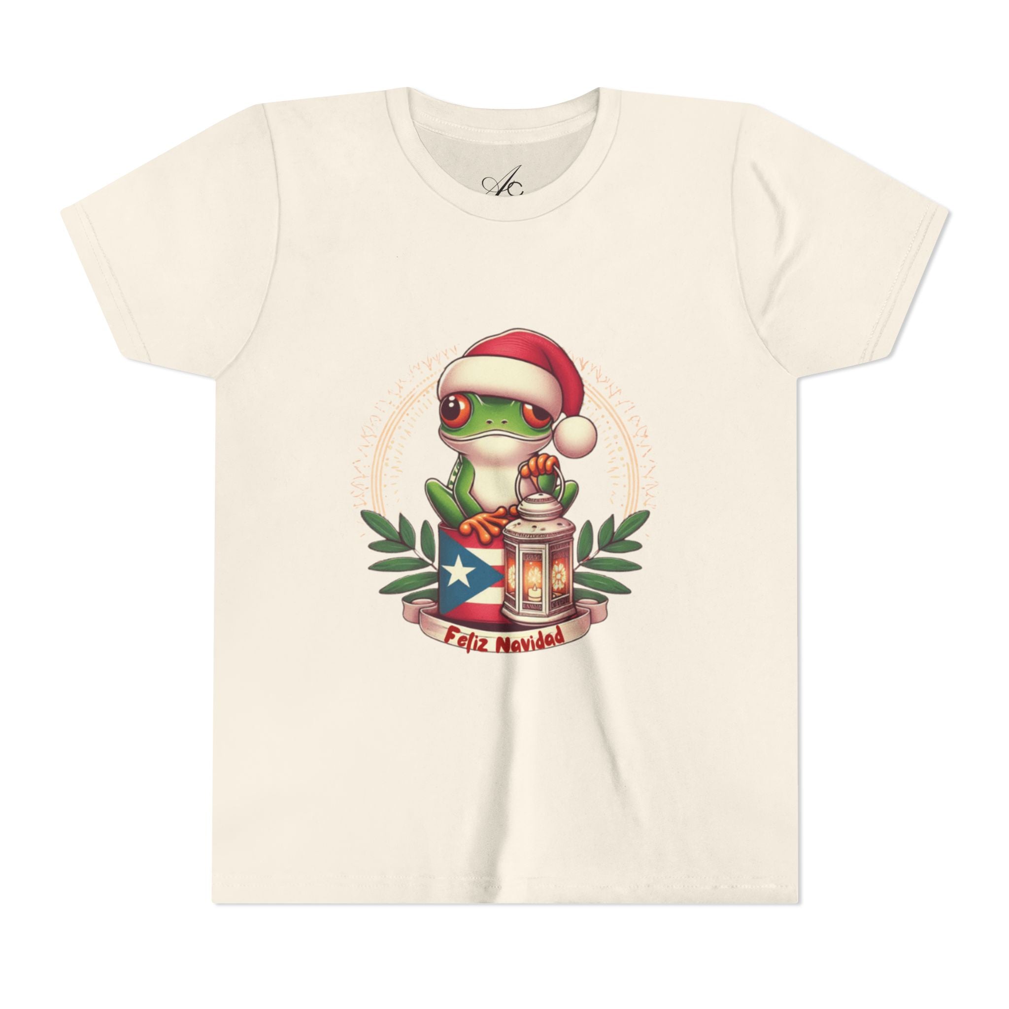 Kids Tee Cute Frog with Puerto Rican Flag & Lantern (Feliz Navidad)