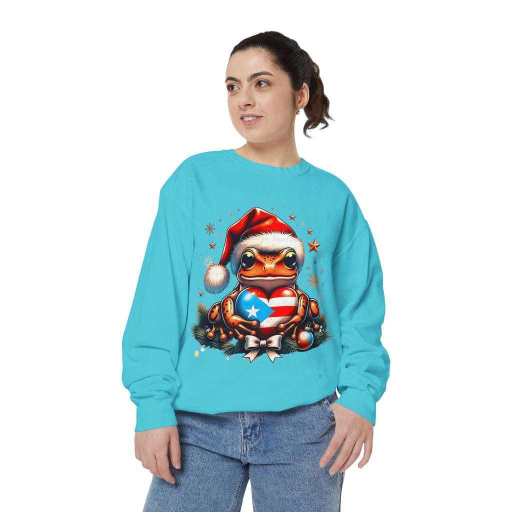 Christmas Coqui Sweatshirt — Cute Santa Frog Holding Ornament Holiday Sweater