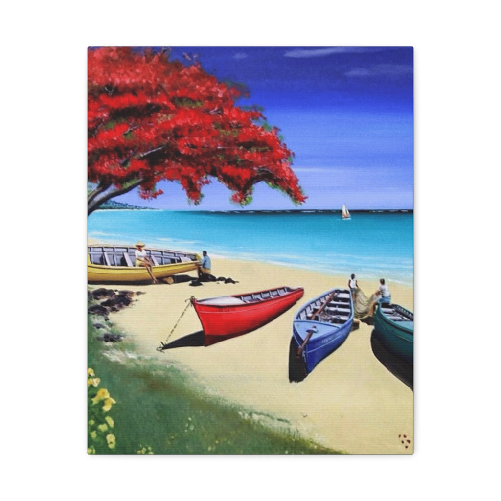 Beach Canoes Canvas Wall Art Tropical Seaside Landscape Matte Stretched Canvas