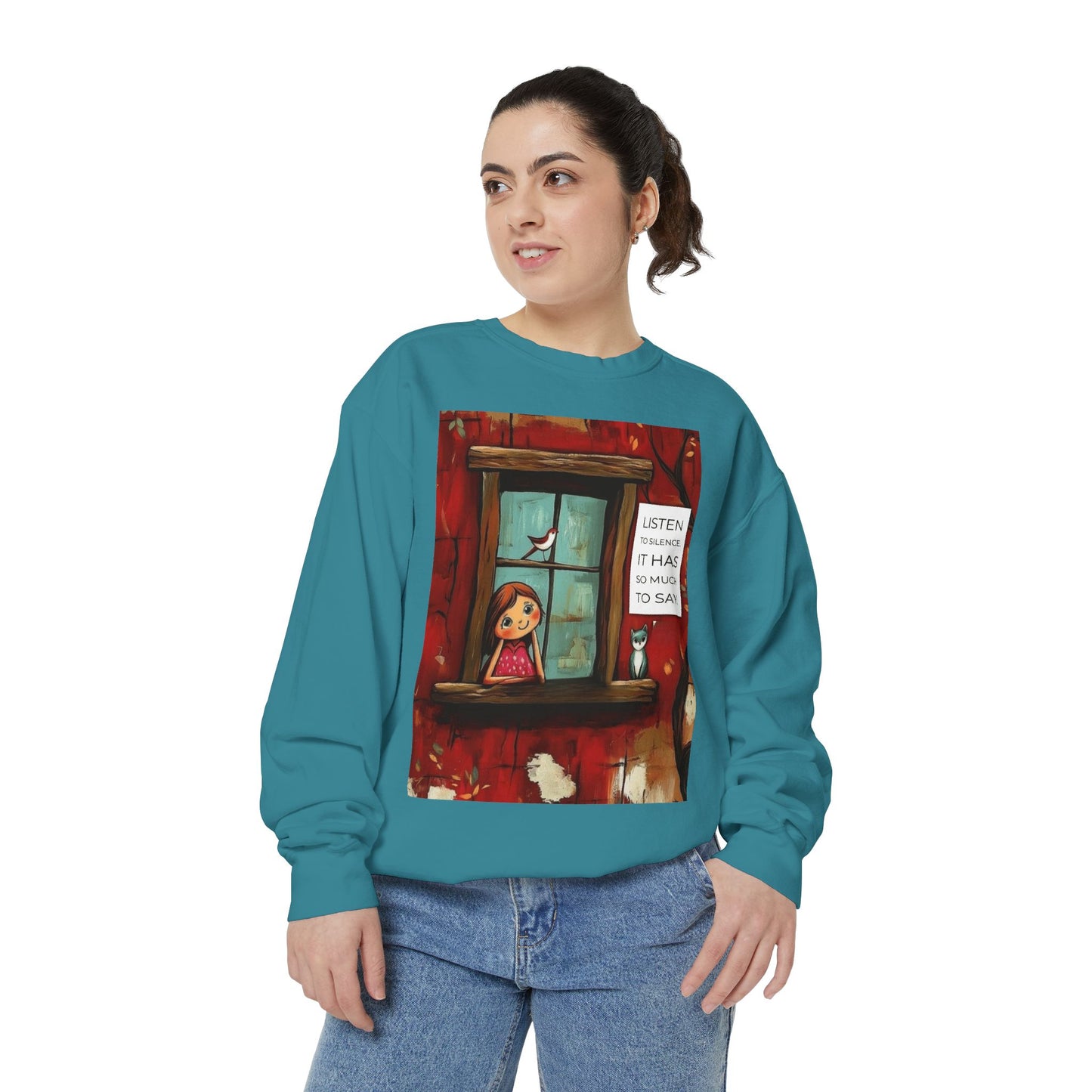 Cozy Window Scene Sweatshirt  "Listen, It Has So Much to Say" Graphic