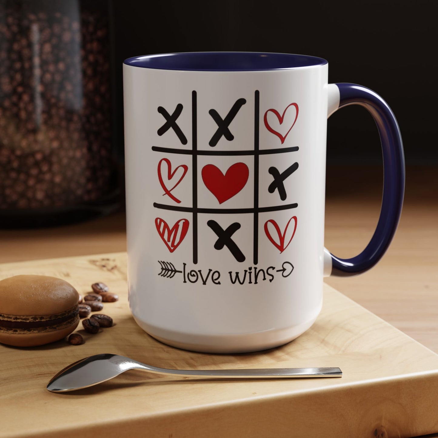 Love Wins Tic-Tac-Toe Heart Accent Coffee Mug — Romantic Valentine 11/15oz