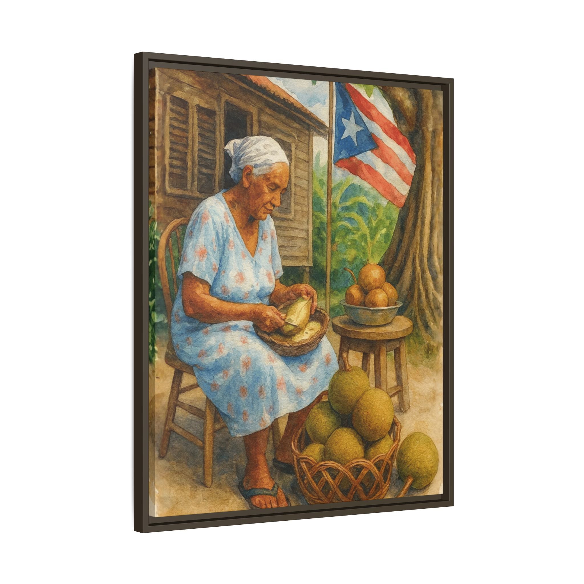 Cultural & Story-Driven These Puerto Rico inspired  Framed Matte Canvas Print  Woman Shelling Fruit Vintage Tropical Painting