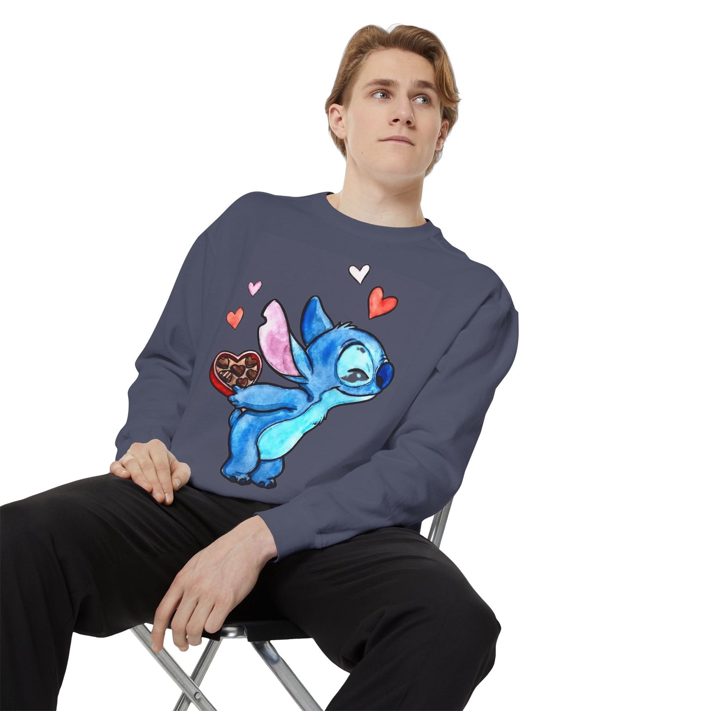 Stitch Valentine Sweatshirt — Cute Blue Alien with Hearts & Chocolate Pocket