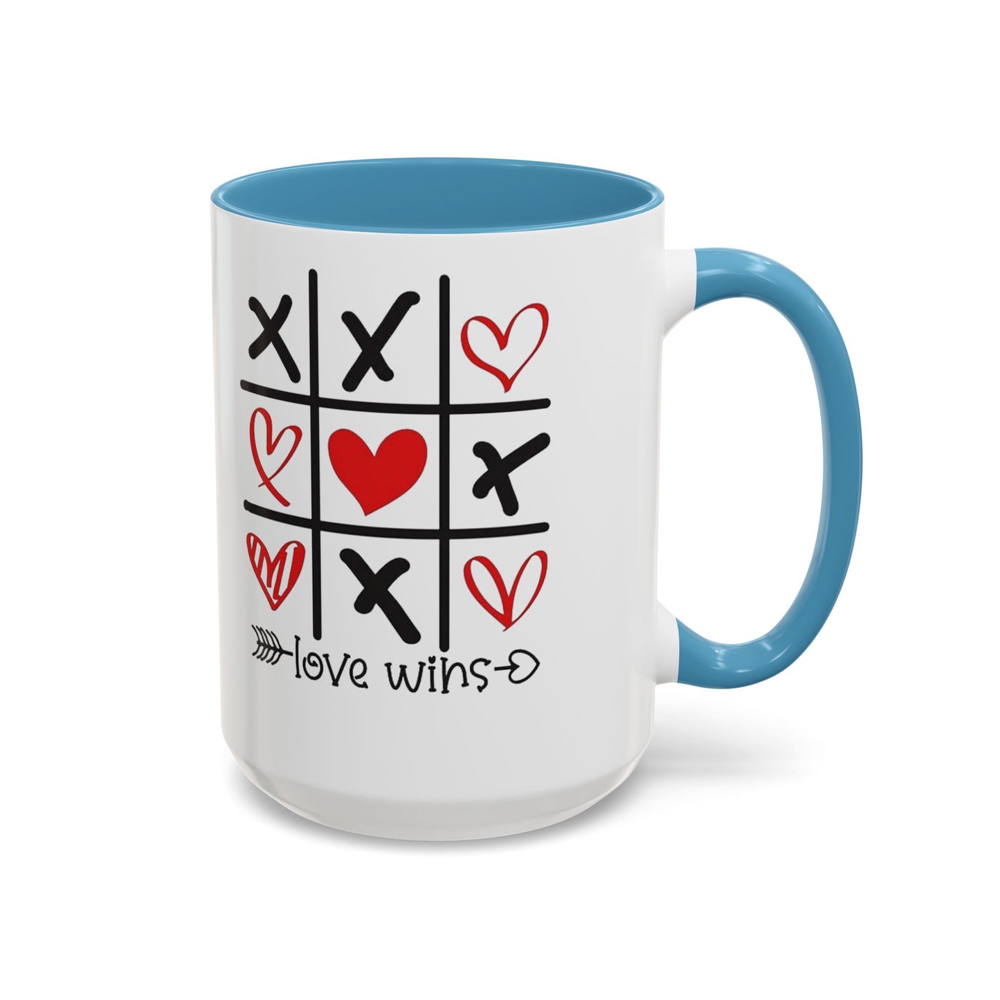 Love Wins Tic-Tac-Toe Heart Accent Coffee Mug — Romantic Valentine 11/15oz