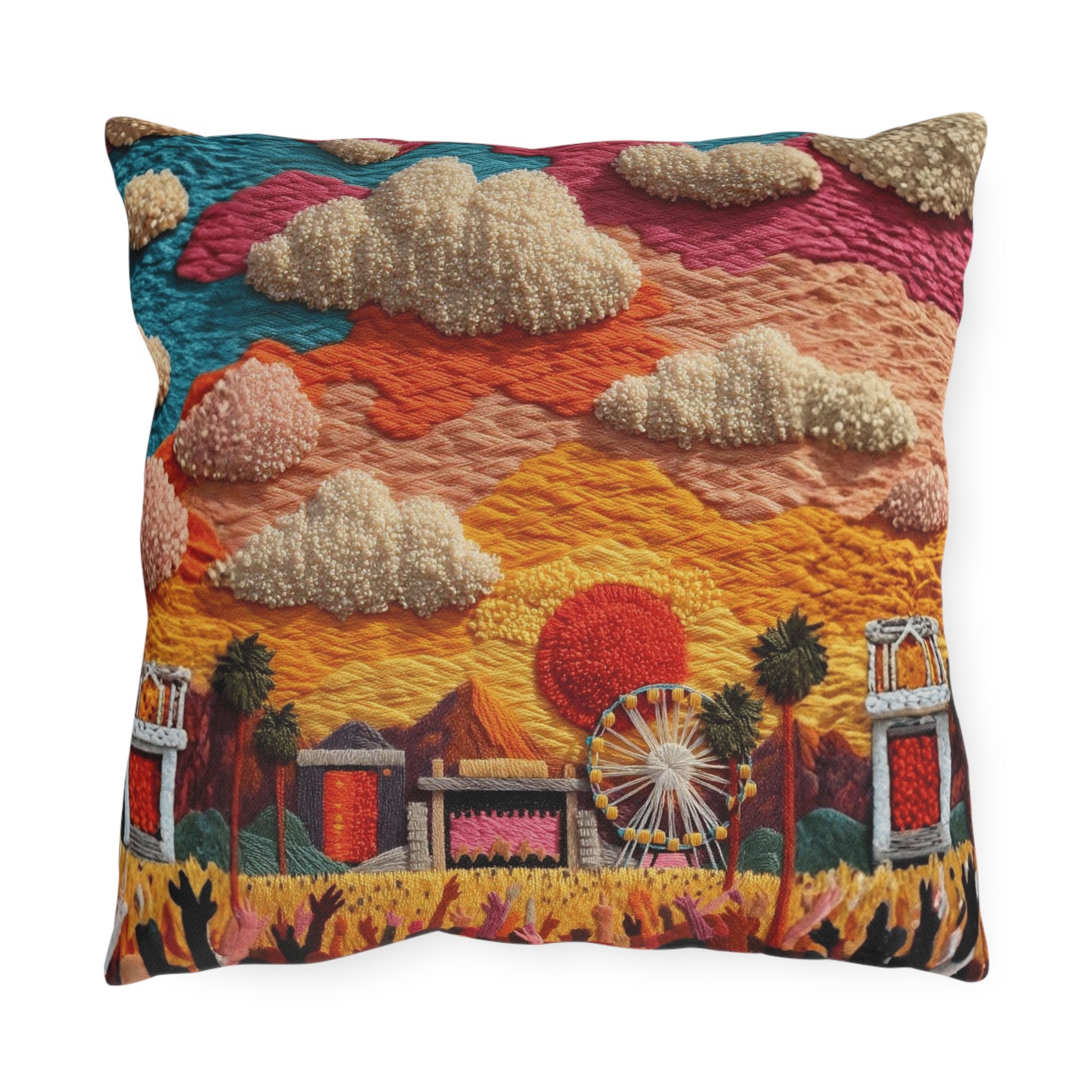 Retro Festival Outdoor Pillow — Sunset Carnival Embroidered Design