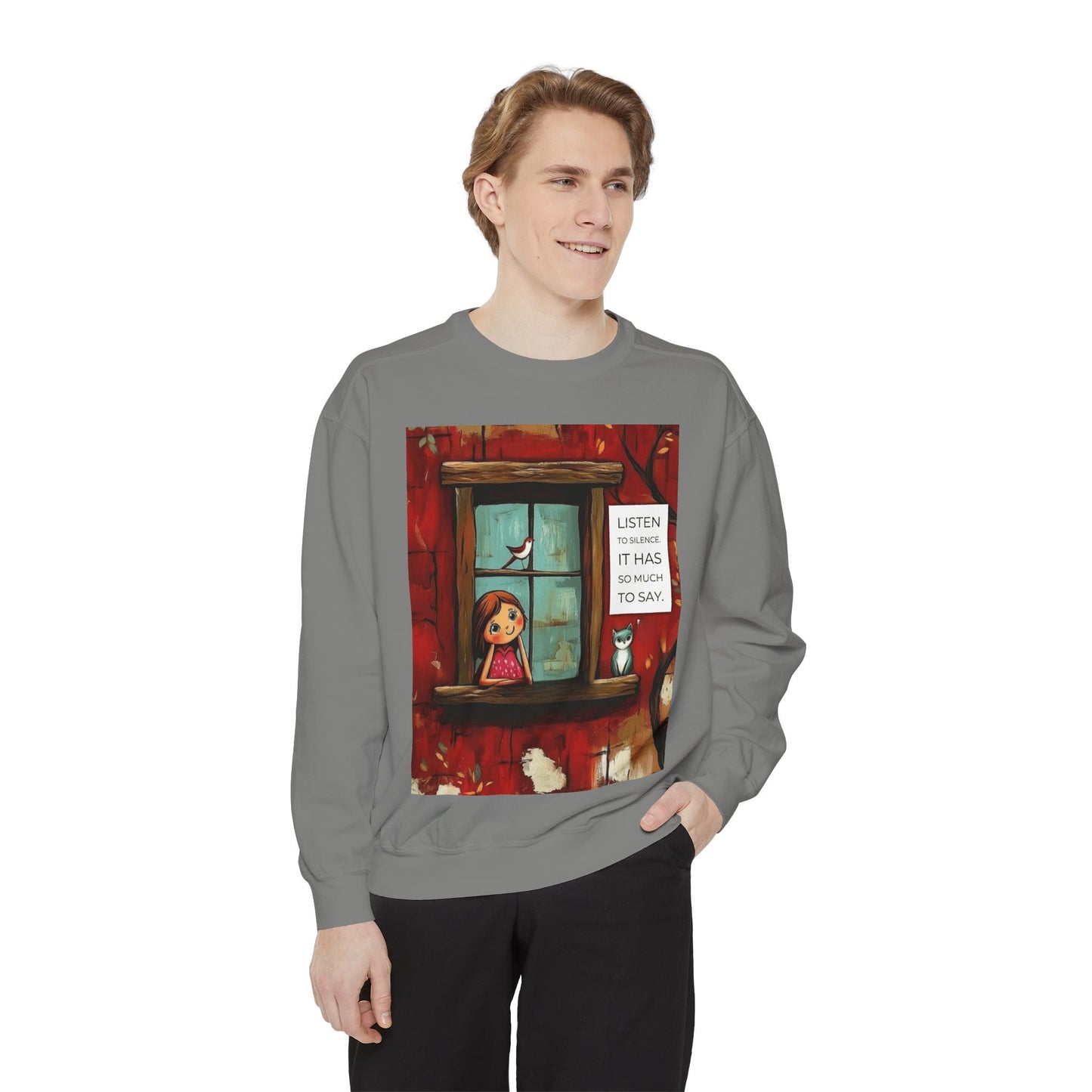 Cozy Window Scene Sweatshirt  "Listen, It Has So Much to Say" Graphic