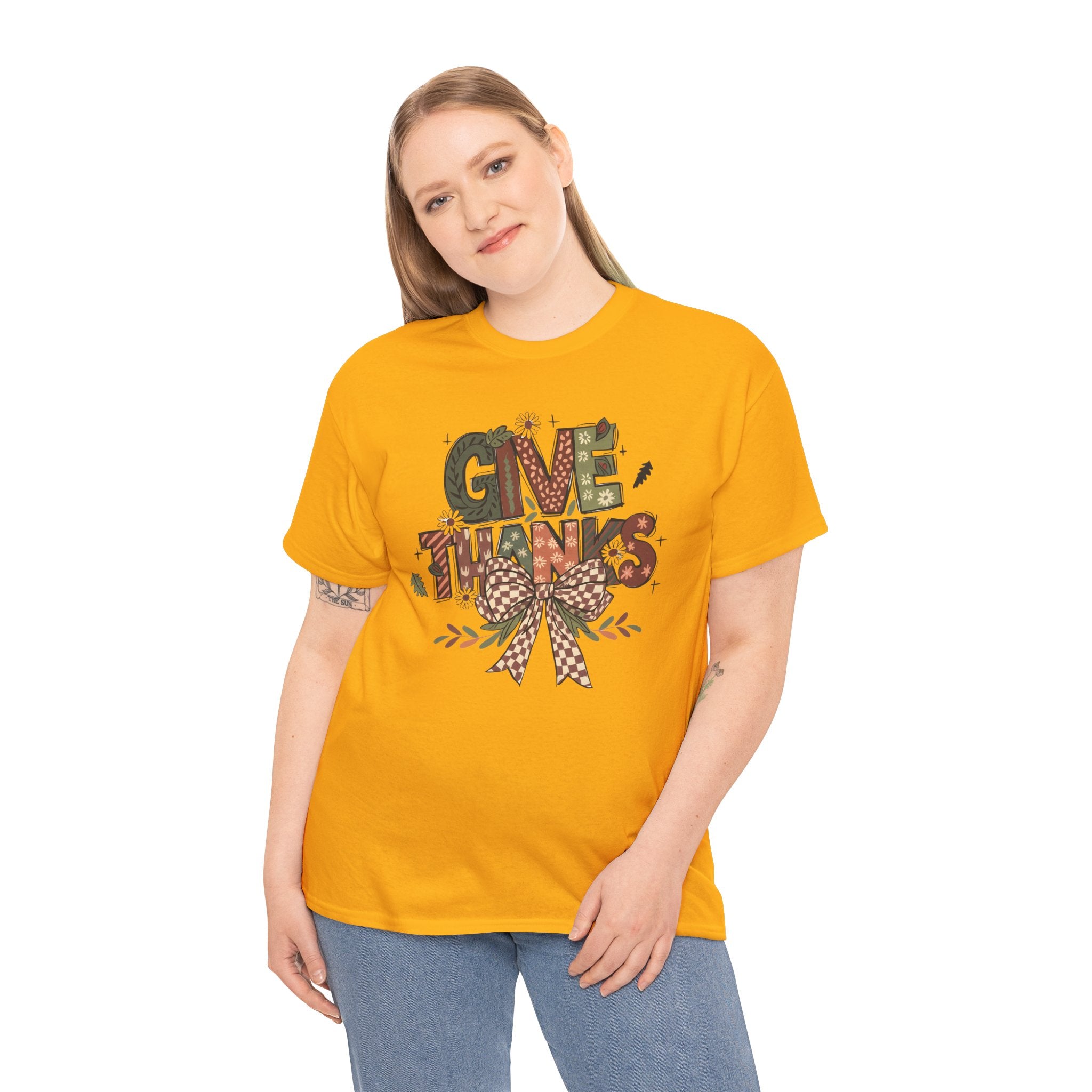 Give Thanks Tee Thanksgiving Graphic T-Shirt with Rustic Bow Design
