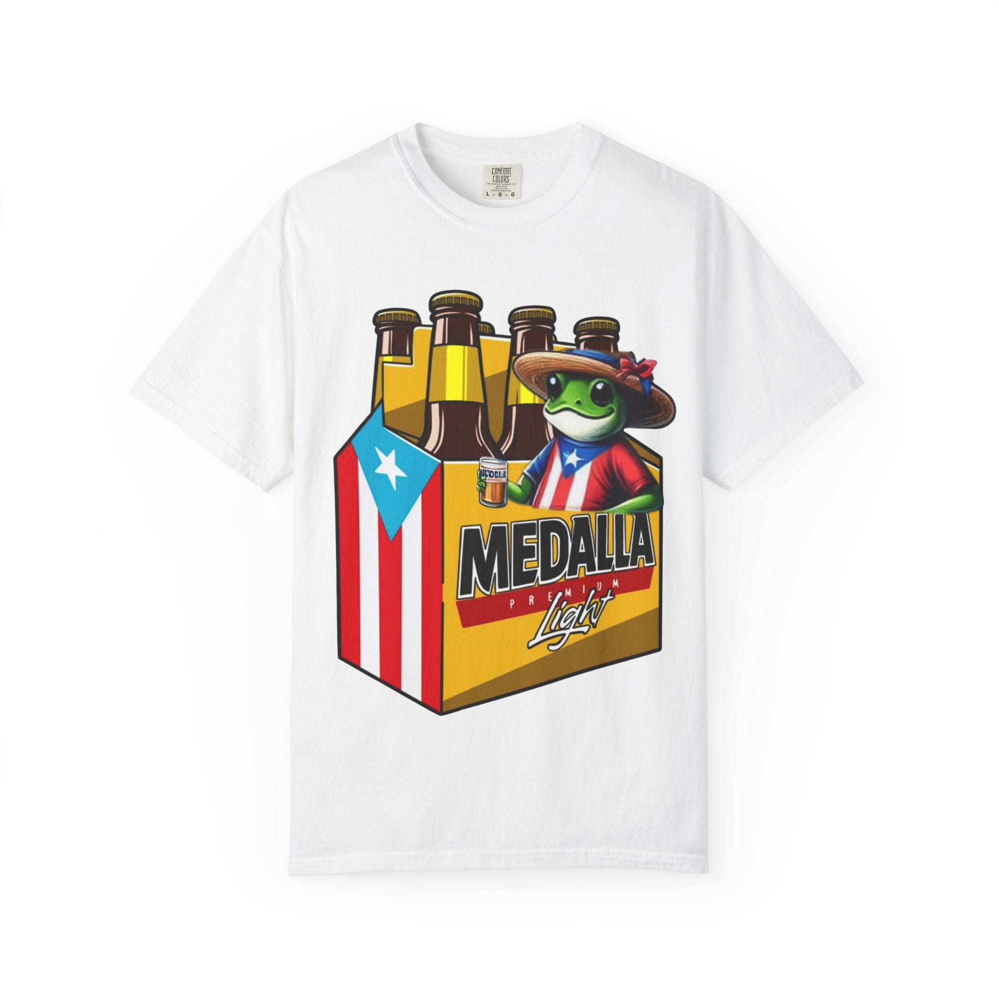 Medalla Light Puerto Rican Beer T-Shirt Coqui Frog Mascot Six-Pack Graphic Tee Puerto Rico’s Navidades