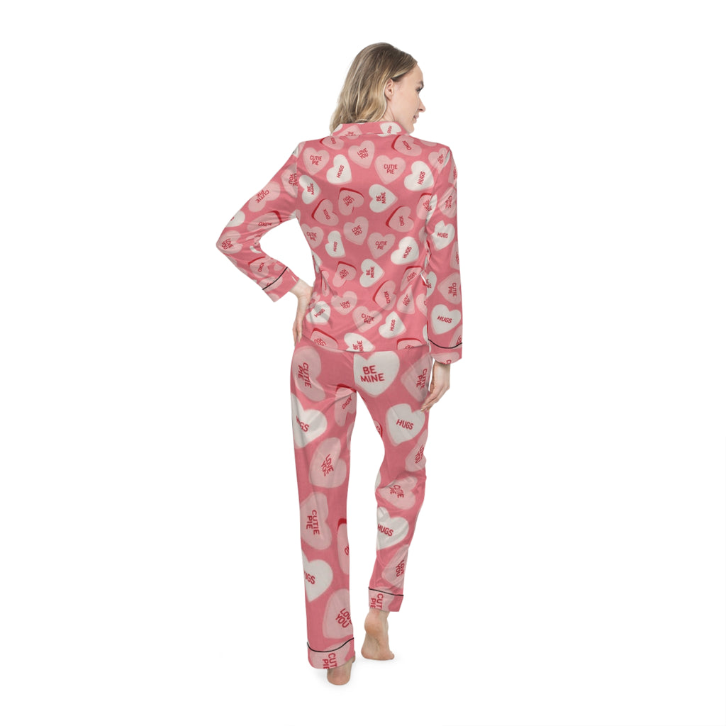 Valentine's Heart Satin Pajama Set — Pink Conversation Hearts Sleepwear