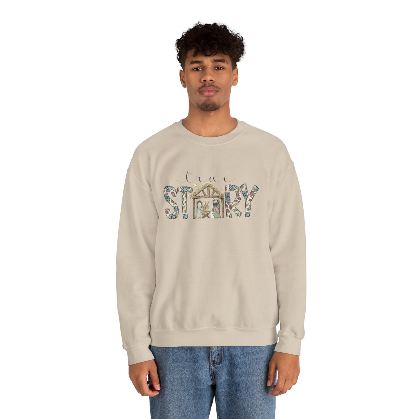 Crewneck Sweatshirt "Come Story" Floral Nativity Design  Cozy Christmas Pullover unique festive designs and joyful
