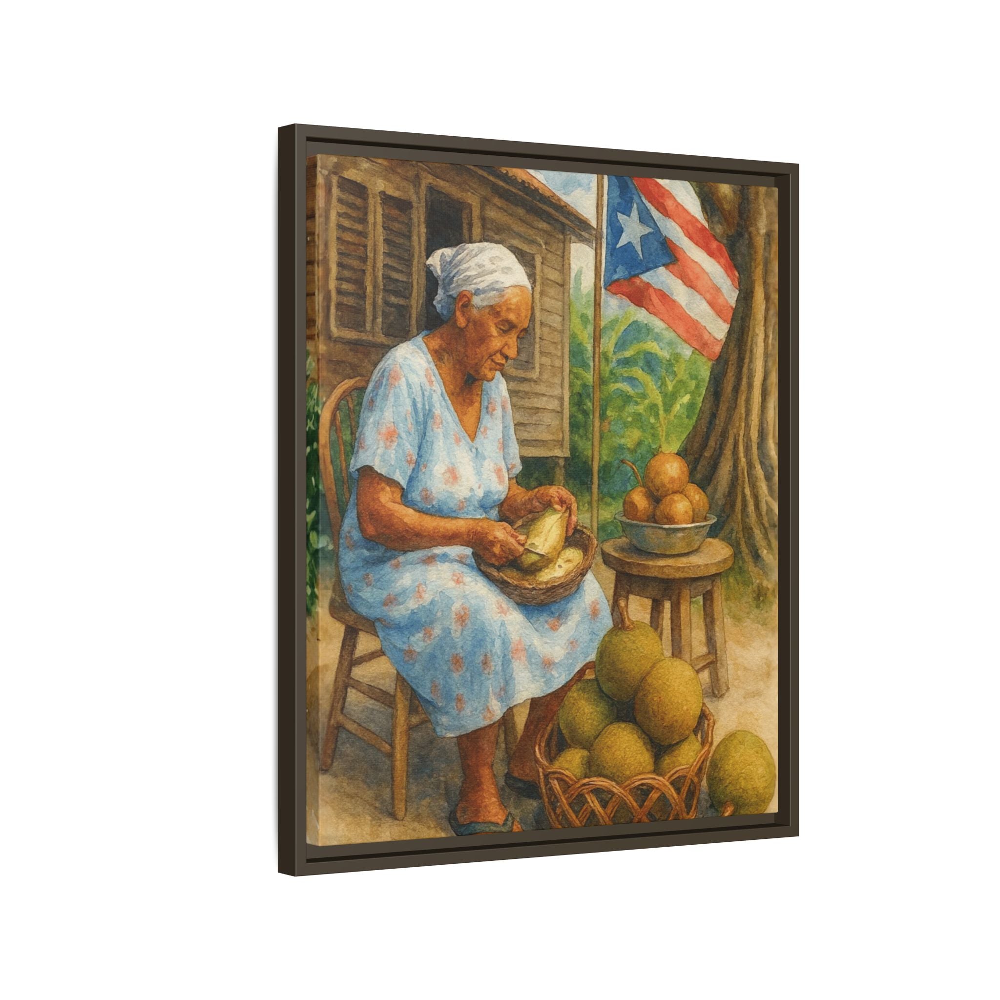 Cultural & Story-Driven These Puerto Rico inspired  Framed Matte Canvas Print  Woman Shelling Fruit Vintage Tropical Painting