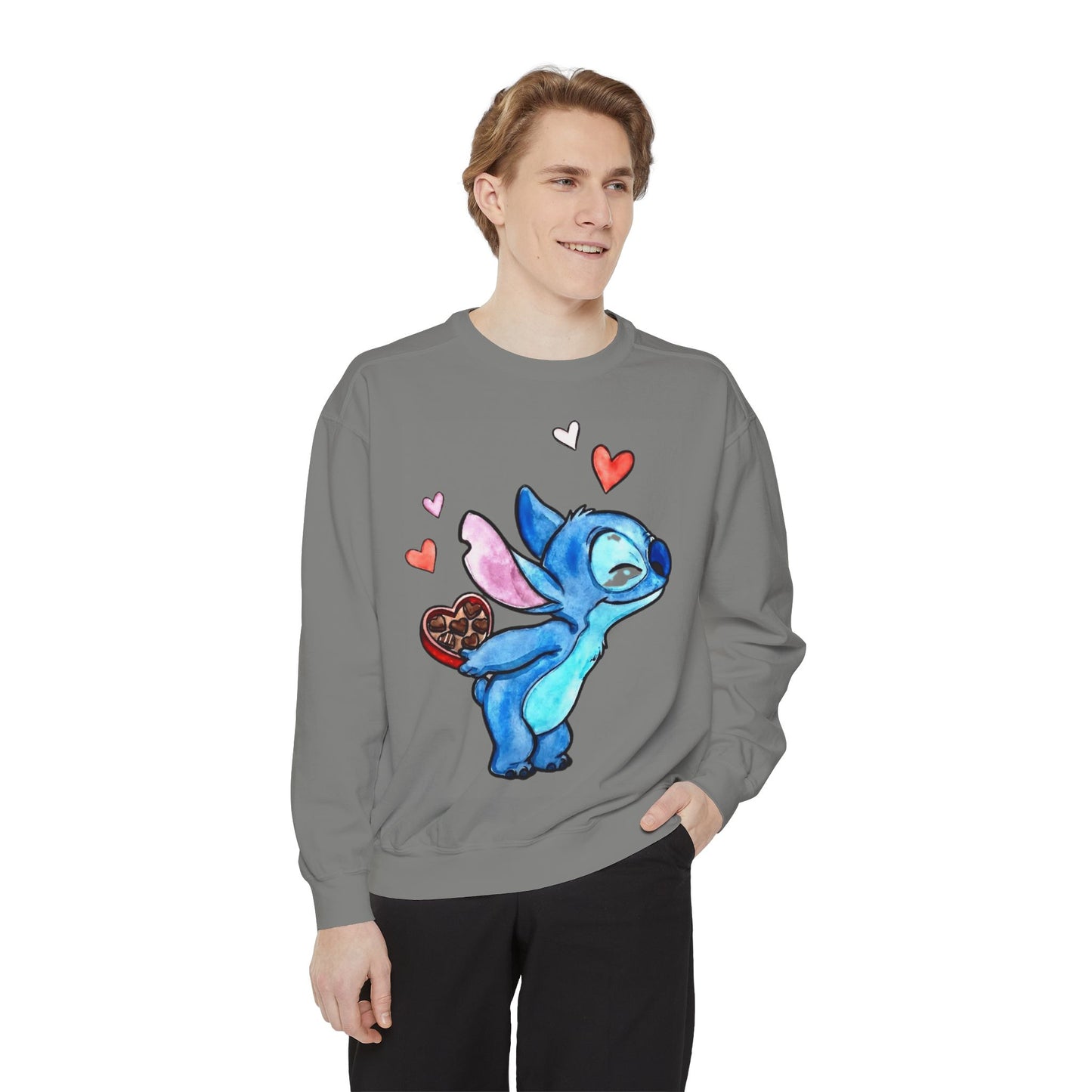 Stitch Valentine Sweatshirt — Cute Blue Alien with Hearts & Chocolate Pocket