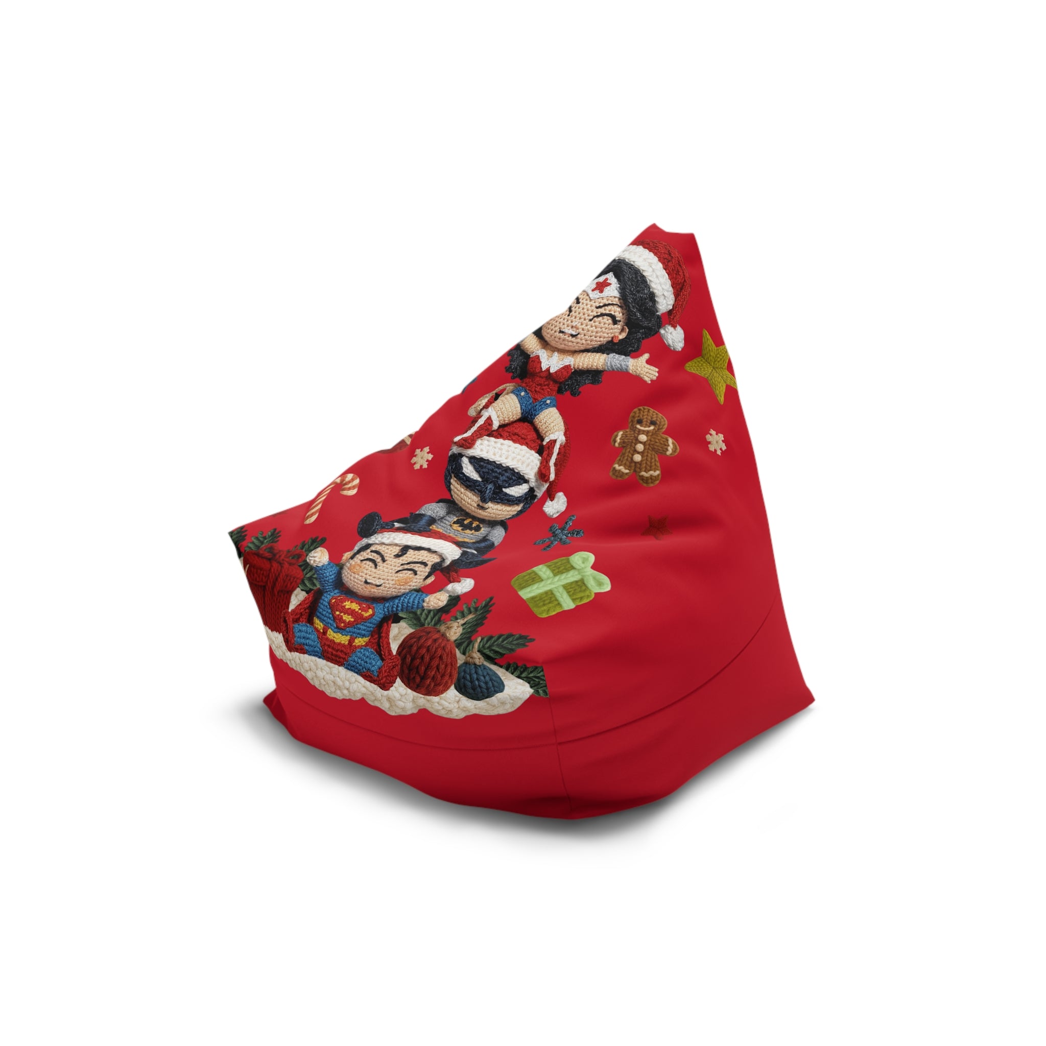 Holiday Superhero Bean Bag Cover — Festive Red Wonder Woman & Superman Knit Design