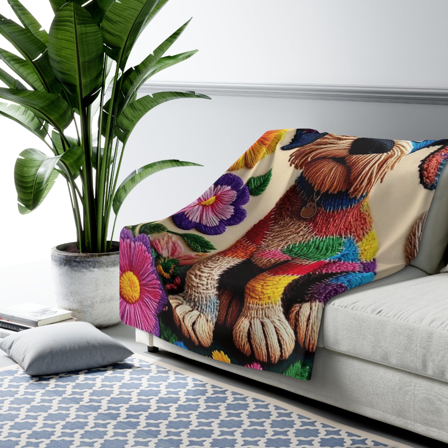 Colorful Patchwork Puppy Sherpa Blanket – Cozy Floral Dog Fleece Throw