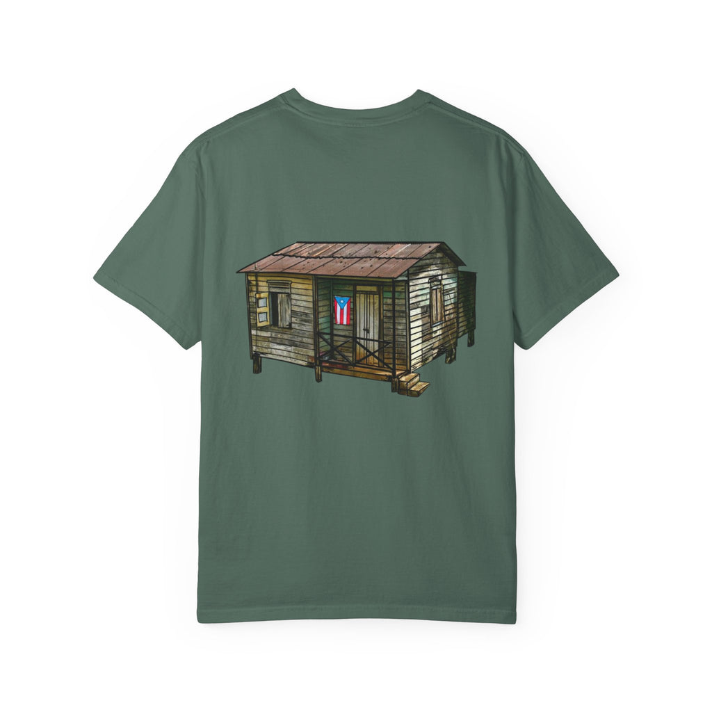 Puerto Rican Batey Cabin T-Shirt  Three Masks & Rustic House Graphic Tee Puerto Rico Navidades