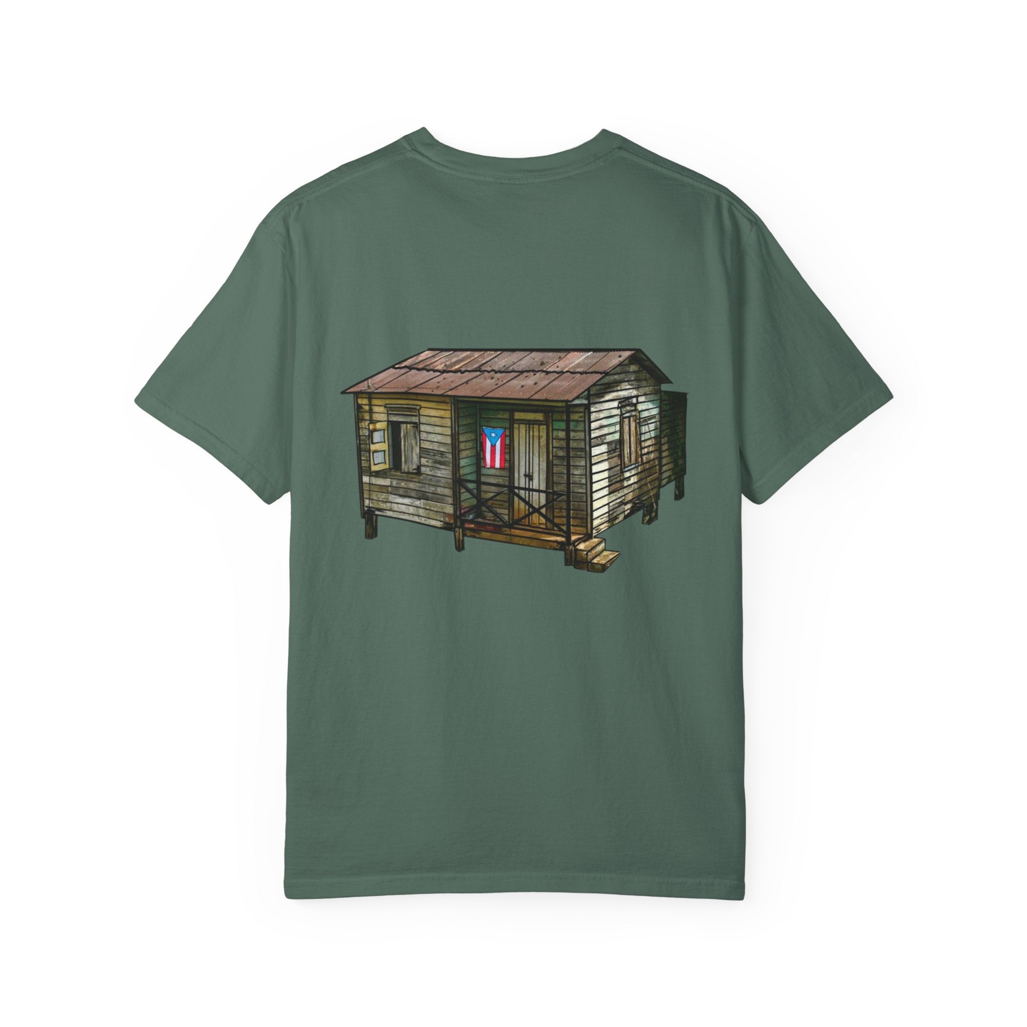 Puerto Rican Batey Cabin T-Shirt  Three Masks & Rustic House Graphic Tee Puerto Rico Navidades