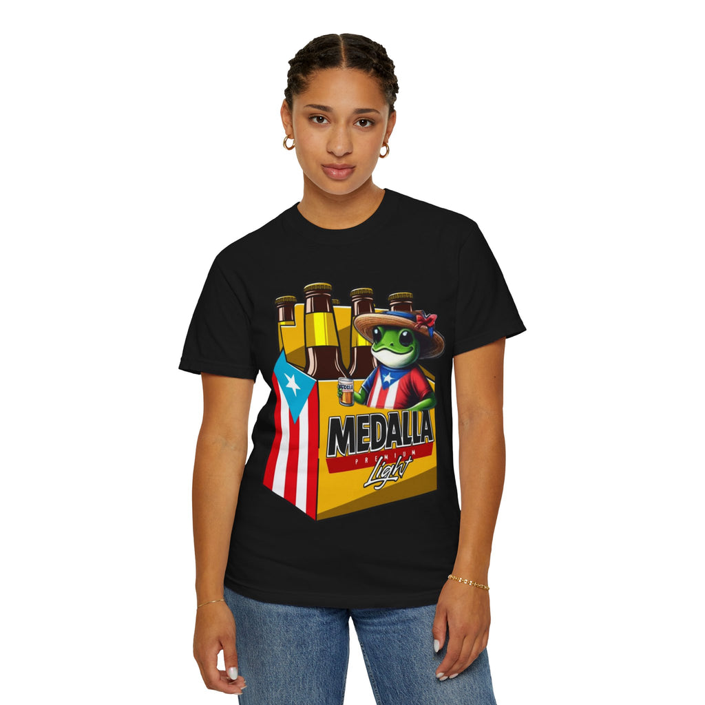 Medalla Light Puerto Rican Beer T-Shirt Coqui Frog Mascot Six-Pack Graphic Tee Puerto Rico’s Navidades