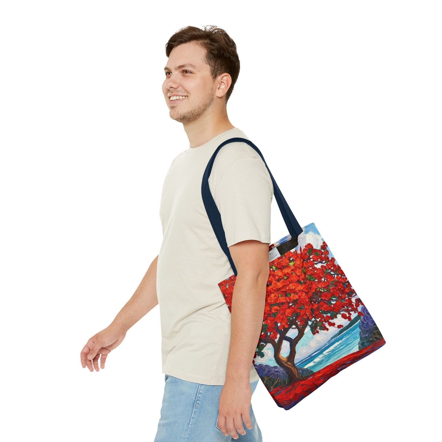Red Blossom Beach Tote - Tropical Tree Art All-Over Print Tote Bag Crochet-Decorated Tote Bags