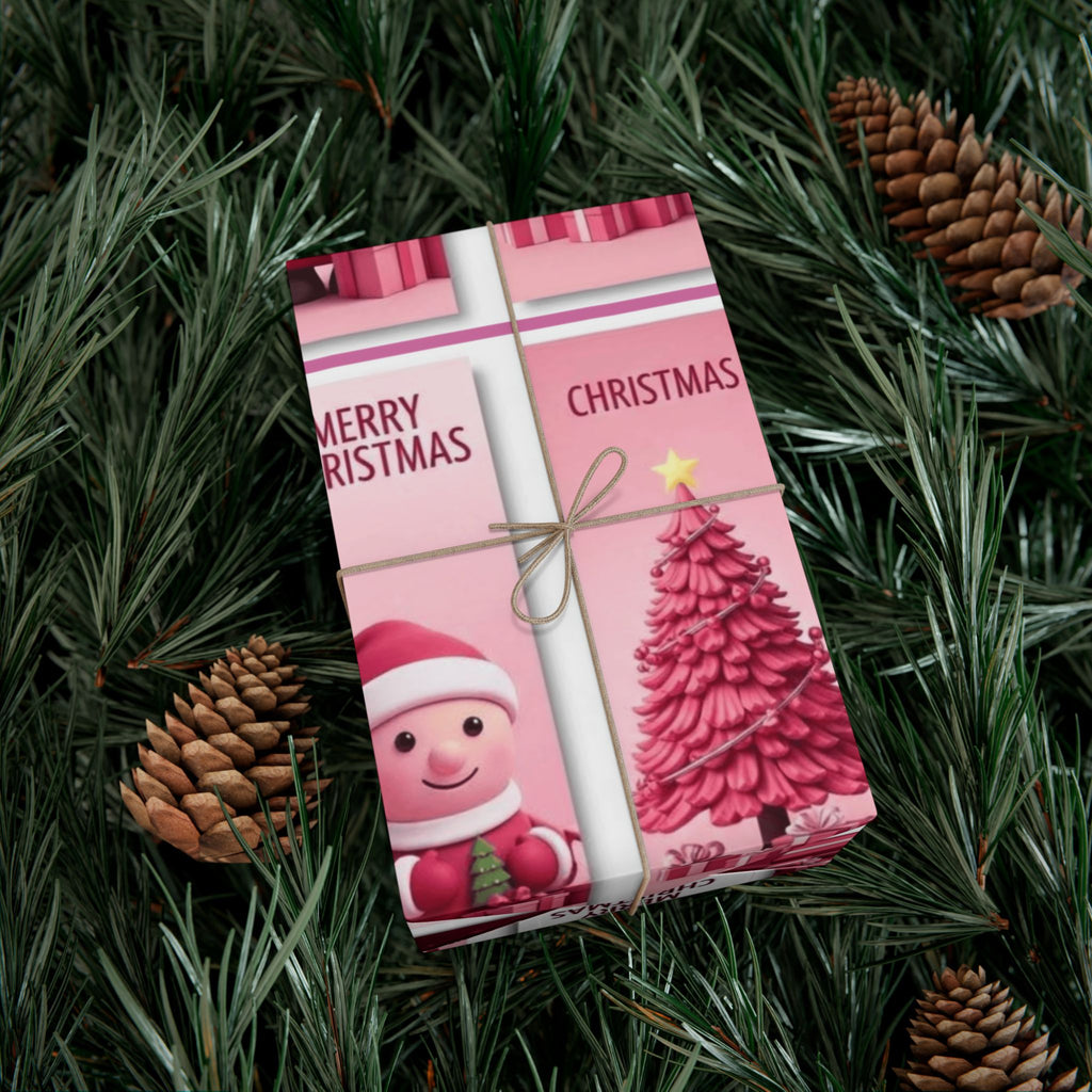 Christmas Gift Wrap Paper - Pink Merry Christmas Star & Tree Holiday Wrapping Sheets
