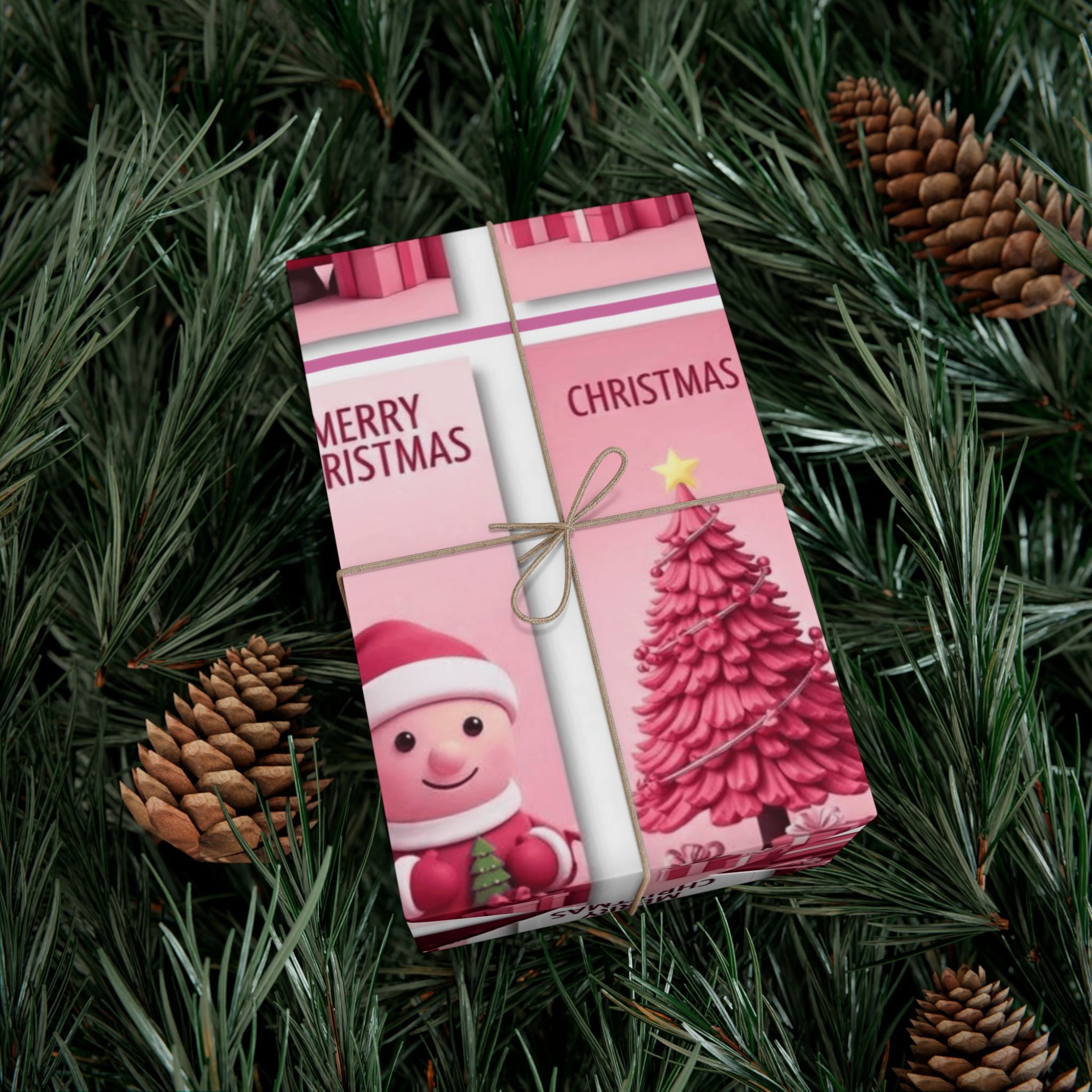 Christmas Gift Wrap Paper - Pink Merry Christmas Star & Tree Holiday Wrapping Sheets