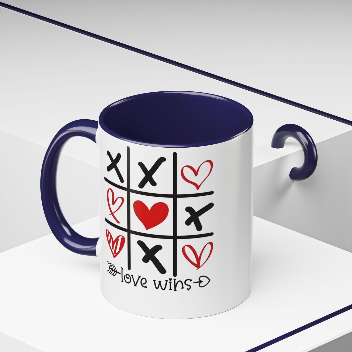 Love Wins Tic-Tac-Toe Heart Accent Coffee Mug — Romantic Valentine 11/15oz
