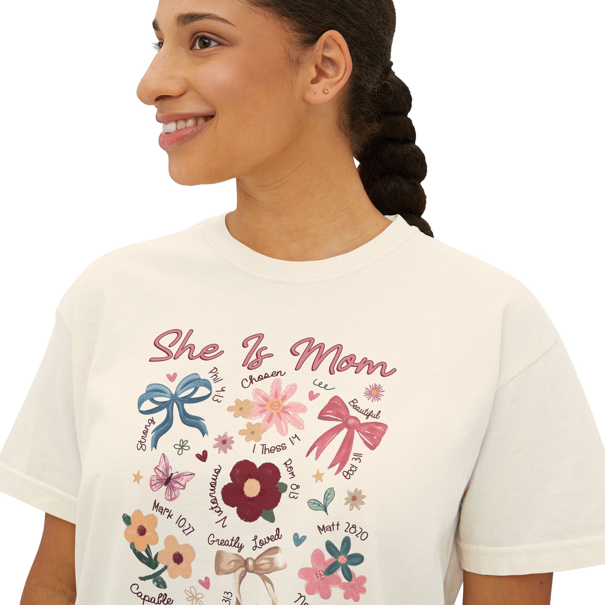 She Is Mom Floral Boxy Tee  Cute Mother’s Day Floral Graphic Shirt