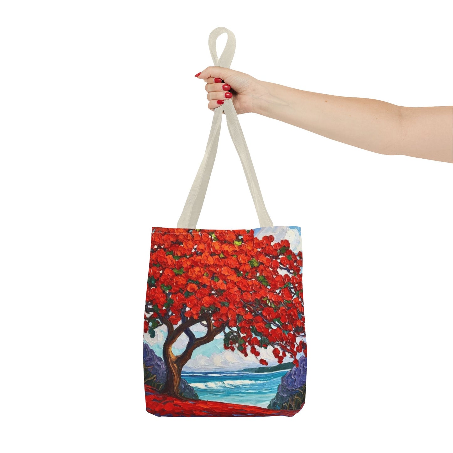 Red Blossom Beach Tote - Tropical Tree Art All-Over Print Tote Bag Crochet-Decorated Tote Bags