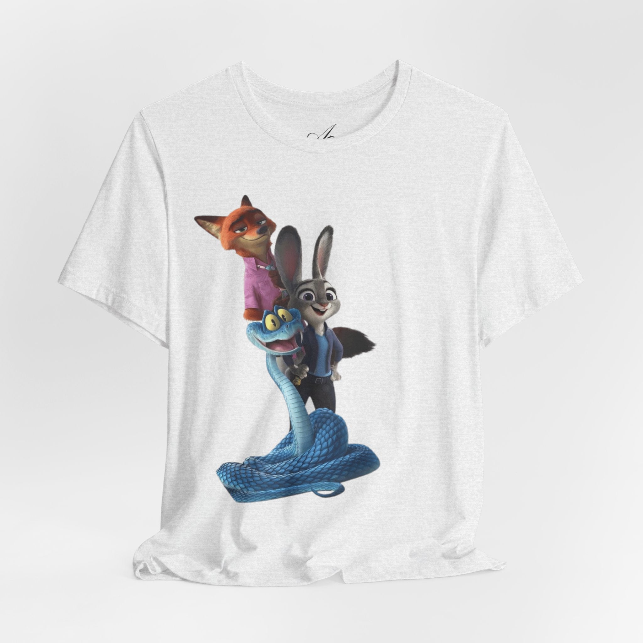 Animated Character Tee — Cute Fox & Bunny Stack Graphic T-Shirt  cartoon-style Christmas artwork
