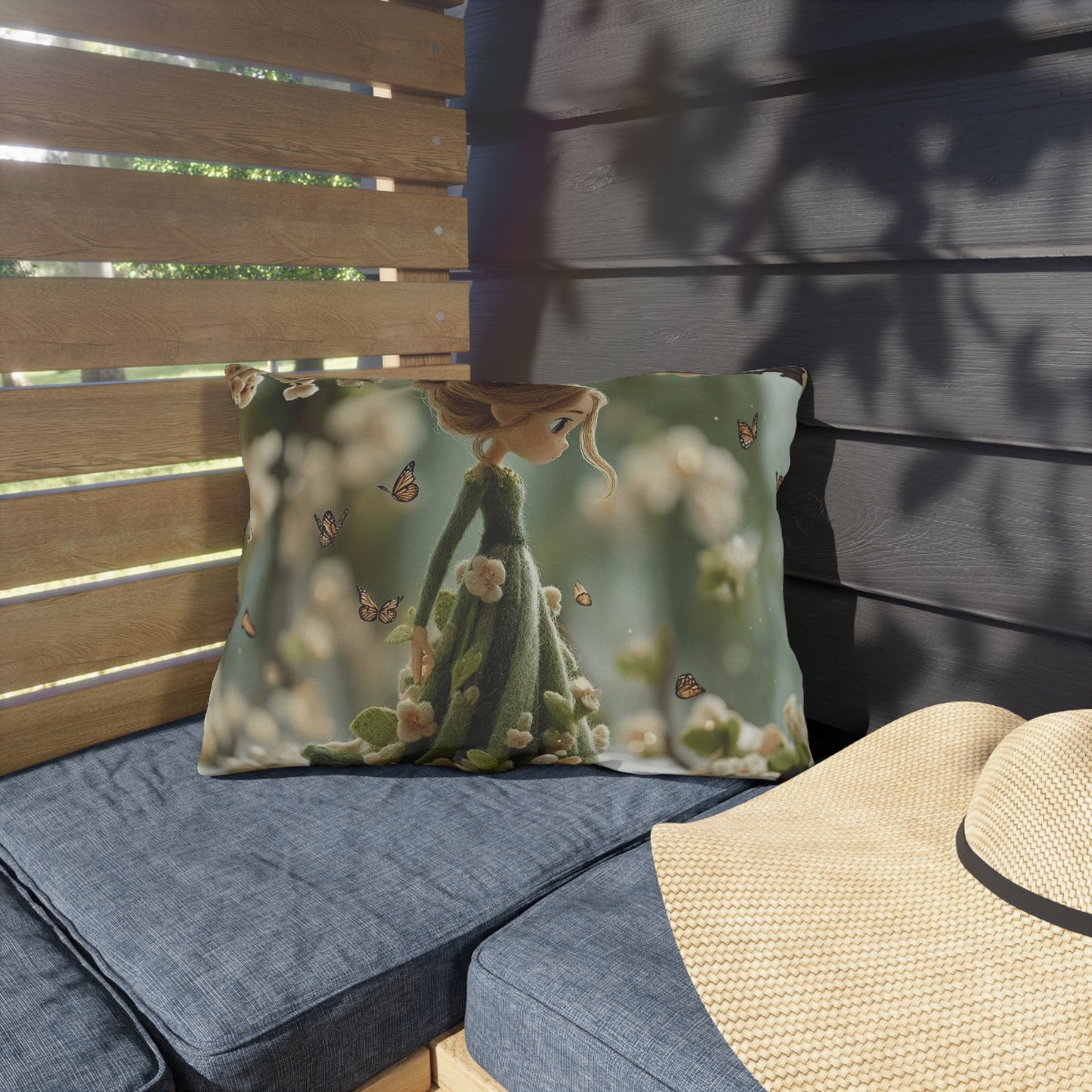 Spring Fairy Outdoor Pillow — Whimsical Girl with Butterflies Garden Decor