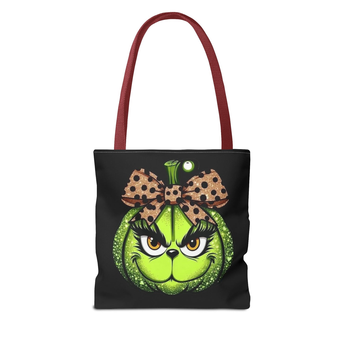 Grinch-Inspired Tote Bag with Polka Dot Bow Christmas Tote Bag Festive Holiday Design