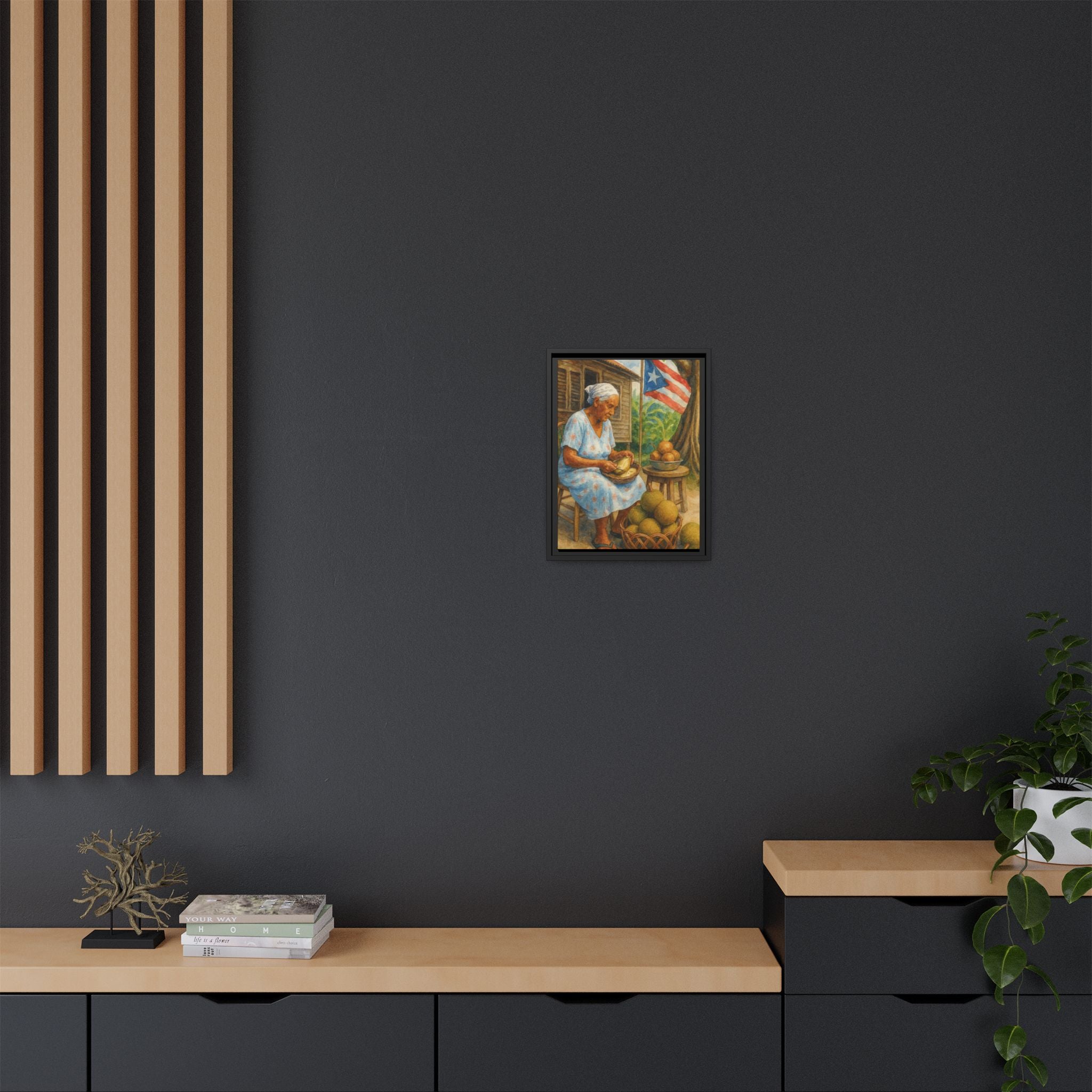 Cultural & Story-Driven These Puerto Rico inspired  Framed Matte Canvas Print  Woman Shelling Fruit Vintage Tropical Painting