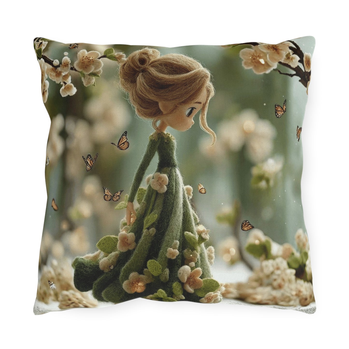 Spring Fairy Outdoor Pillow — Whimsical Girl with Butterflies Garden Decor