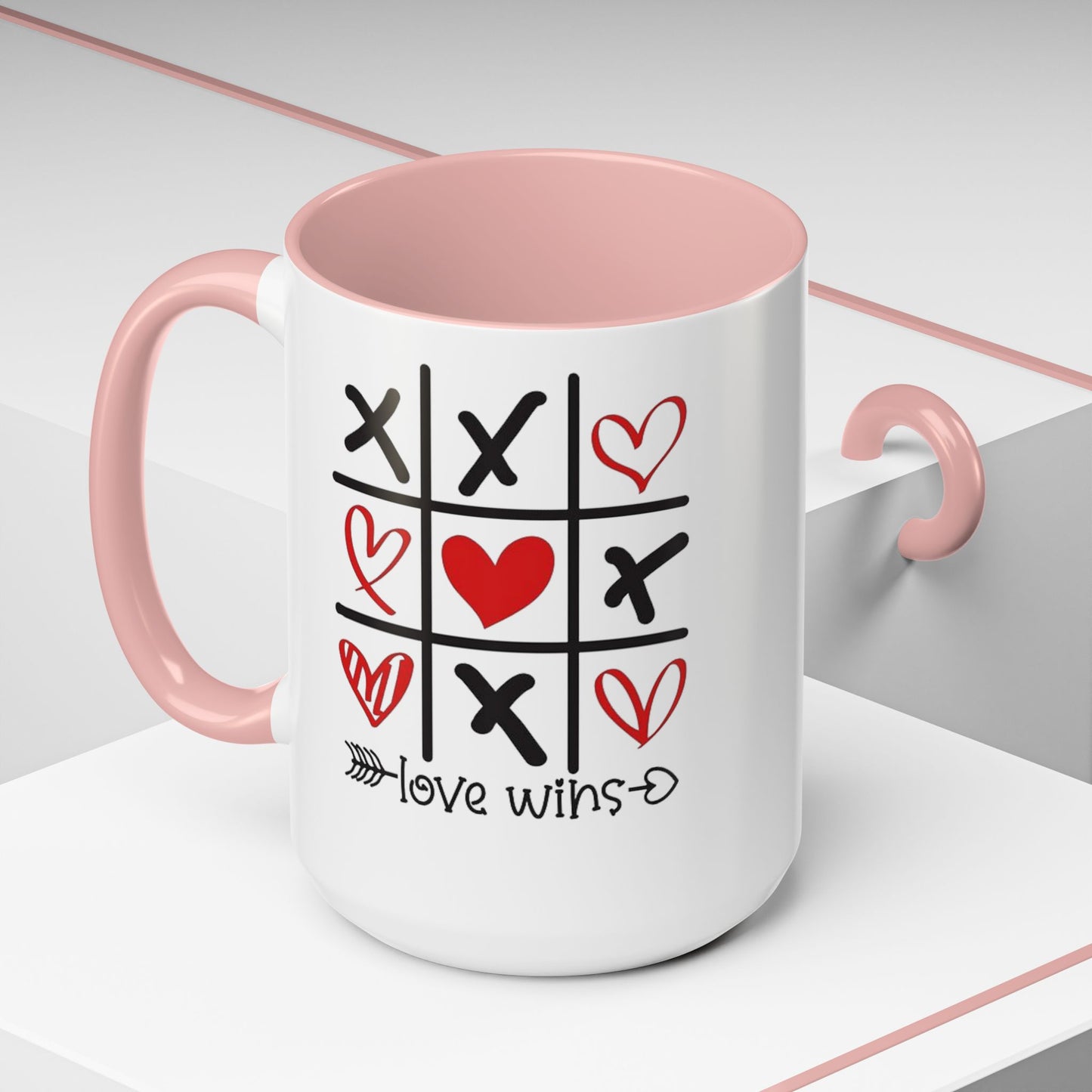 Love Wins Tic-Tac-Toe Heart Accent Coffee Mug — Romantic Valentine 11/15oz