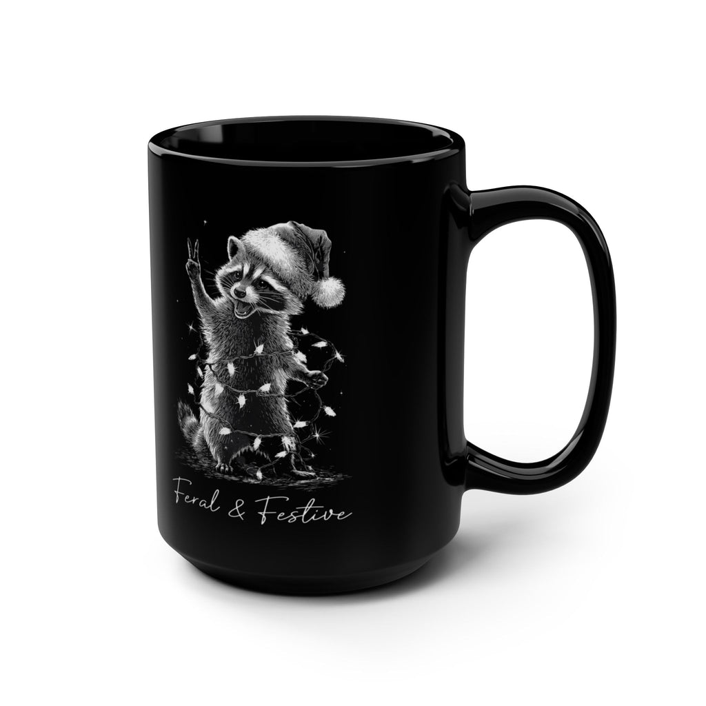 Feral & Festive Raccoon Black Mug — 15oz Holiday Coffee Cup
