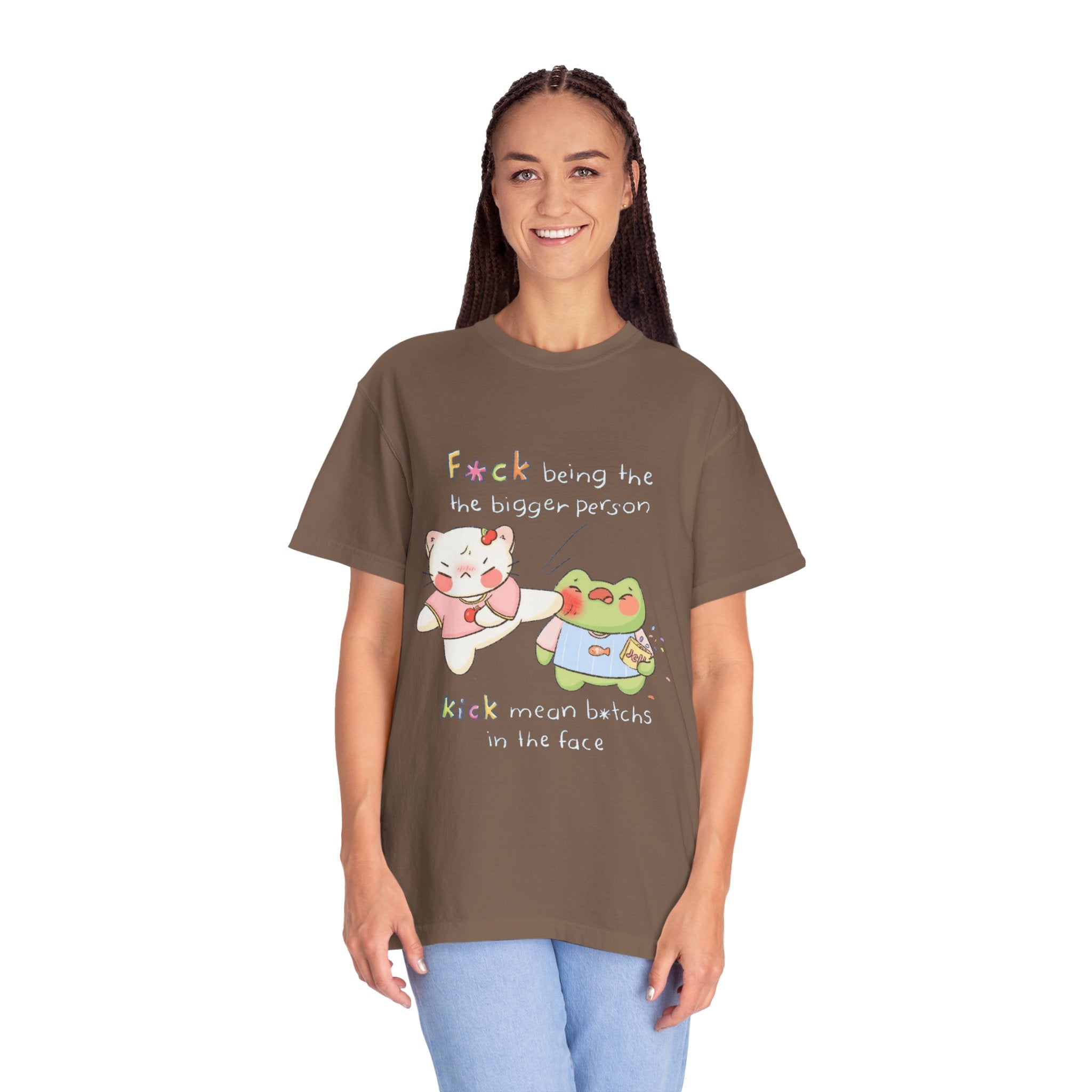 Graphic T-Shirt  Cute Kicking Cat & Frog with 'F*ck Being The Bigger Person' Slogan